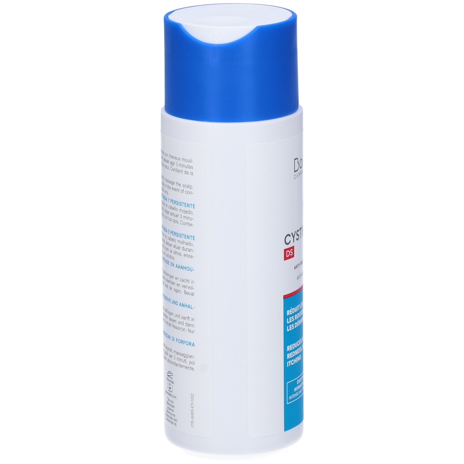 Dos d'un flacon blanc avec bouchon bleu. Texte et informations.