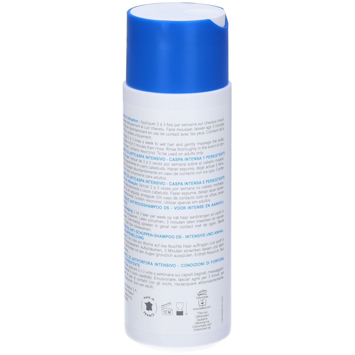 Dos d'un flacon blanc avec bouchon bleu. Texte et informations.