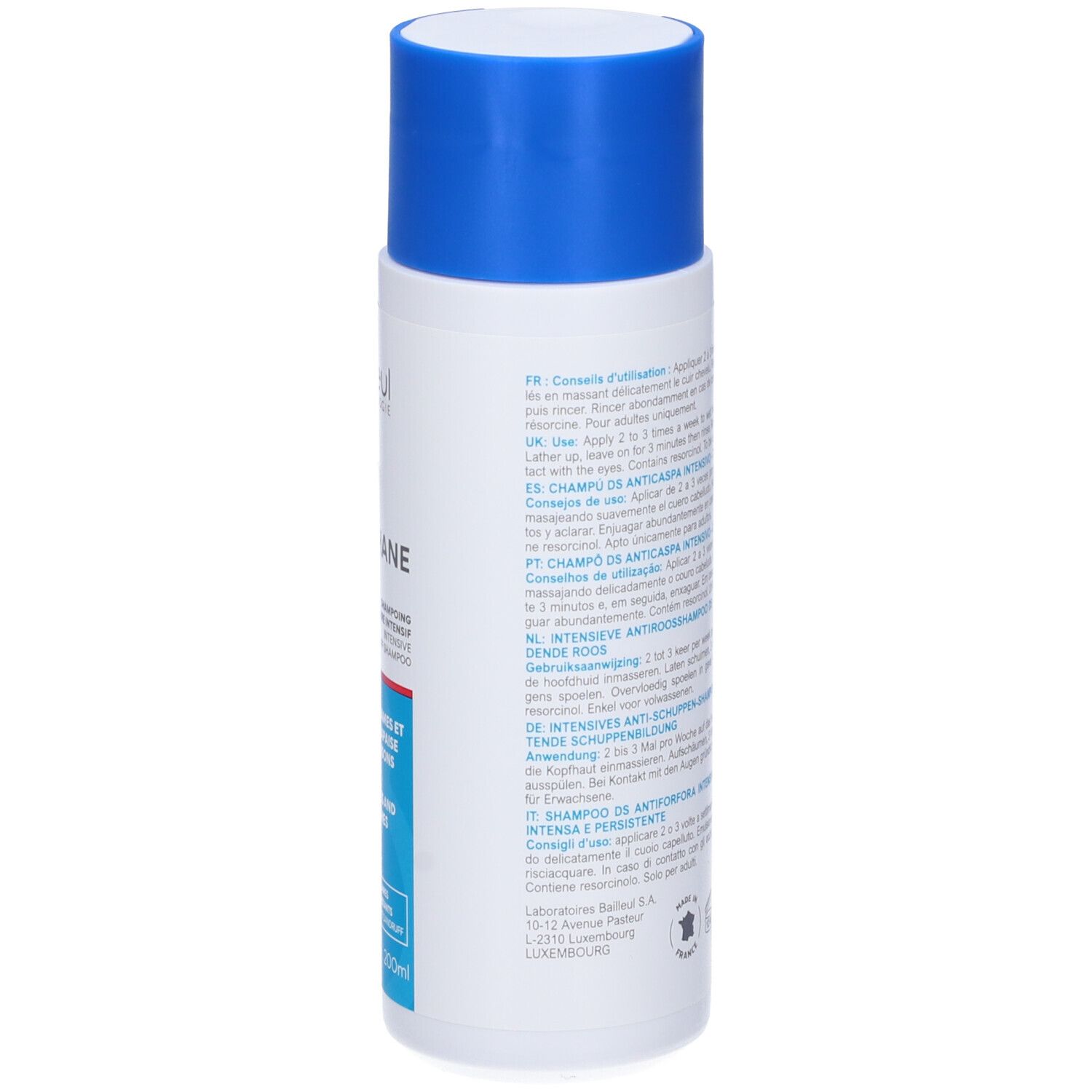 Dos d'un flacon blanc avec bouchon bleu. Texte et informations.