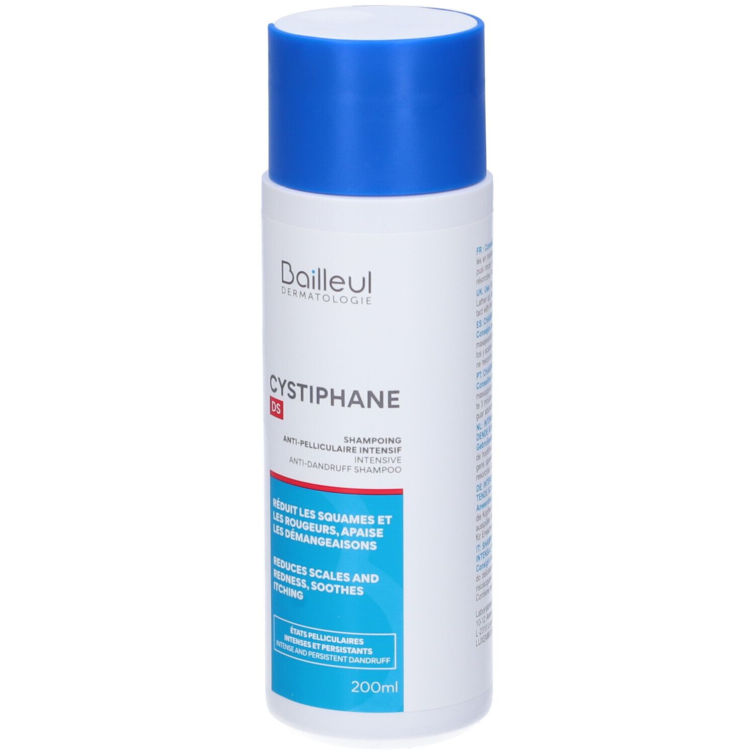 Flacon blanc avec bouchon bleu. Texte: Cysriphane DS, Shampooing Anti-pelliculaire. 200ml.
