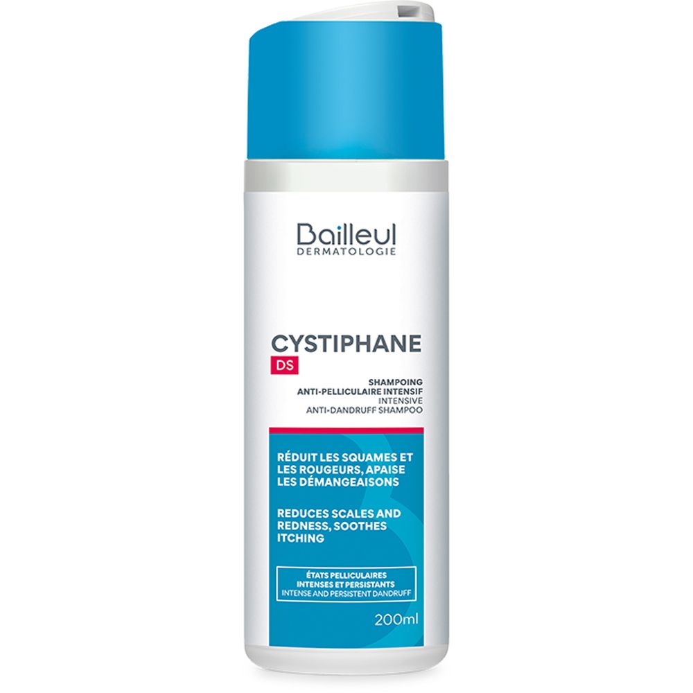 Flacon blanc avec bouchon bleu. Texte: Cysriphane DS, Shampooing Anti-pelliculaire. 200ml.