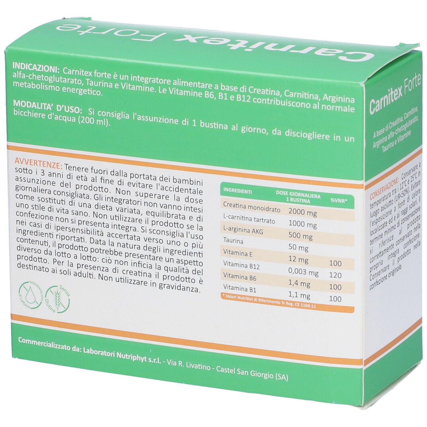 Scatola verde "Carnitex Forte". Contiene ingredienti e tabella dosaggio. Testo: creatina, carnitina, arginina, taurina, vitamine.
