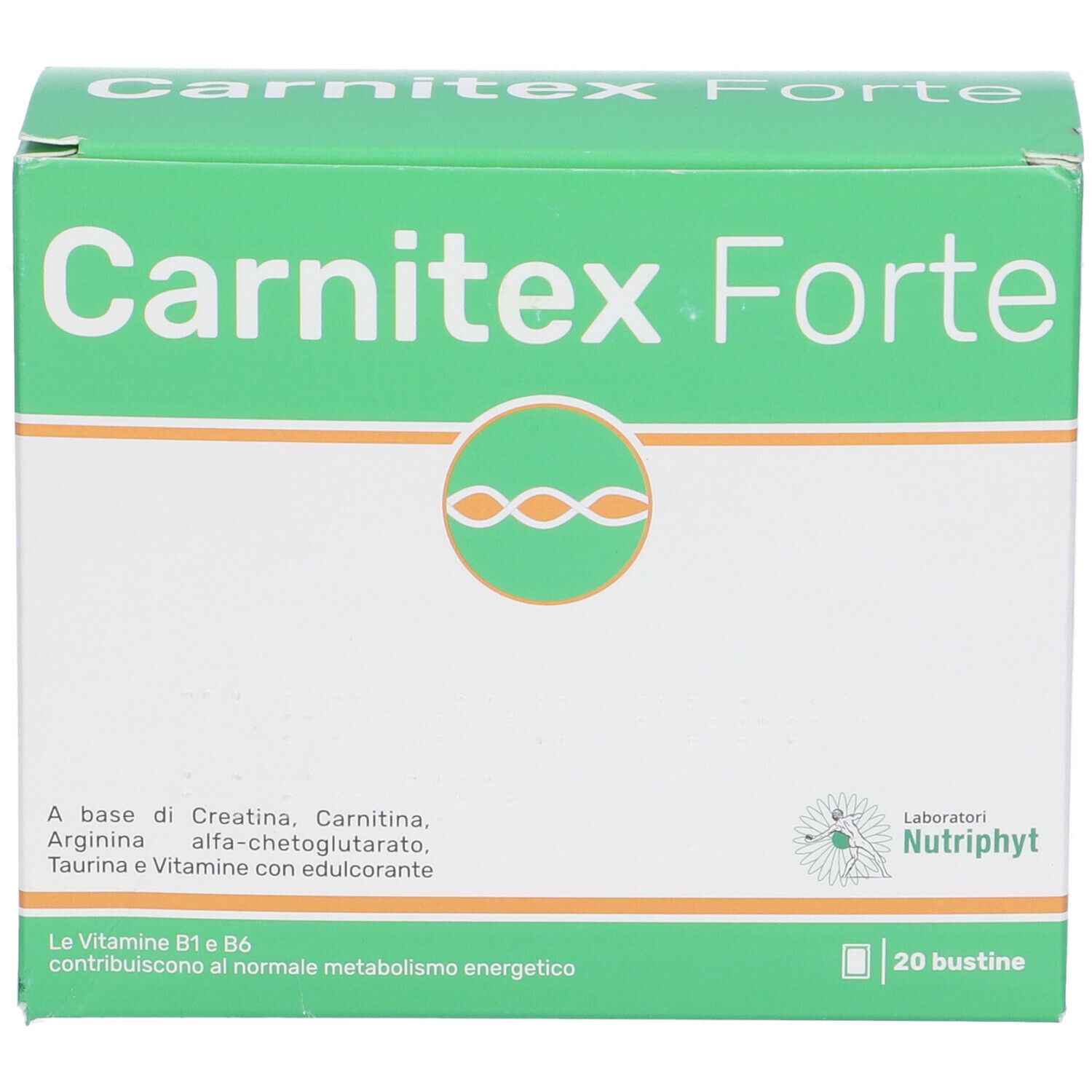 Scatola verde "Carnitex Forte". Logo con tre cerchi. Testo: creatina, carnitina, arginina, taurina, vitamine. 20 bustine.