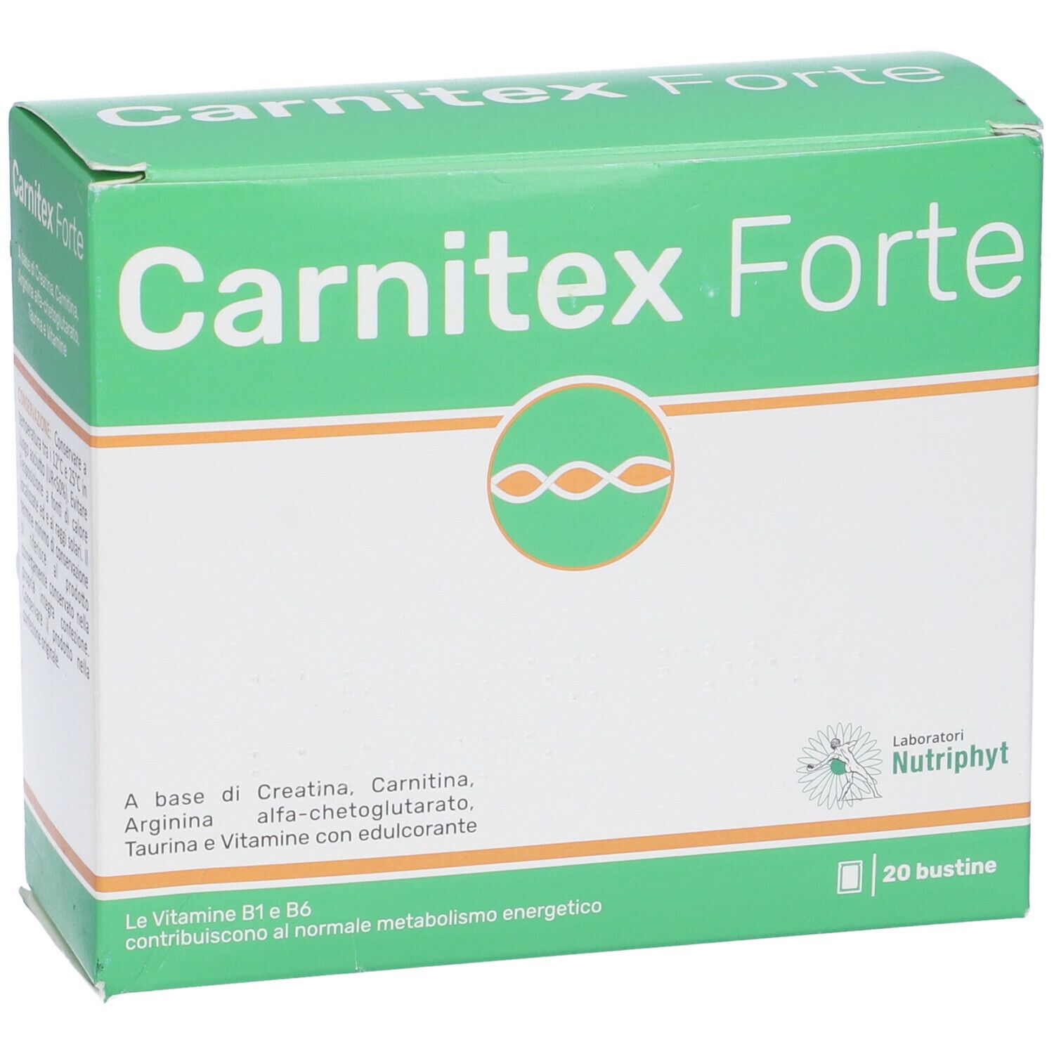 Scatola verde "Carnitex Forte". Logo con tre cerchi. Testo: creatina, carnitina, arginina, taurina, vitamine. 20 bustine.