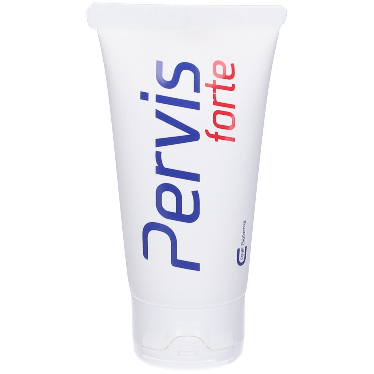 Tubo bianco con scritta blu e rossa Pervis forte. Scritta: Pervis forte. Logo del produttore in basso a destra.