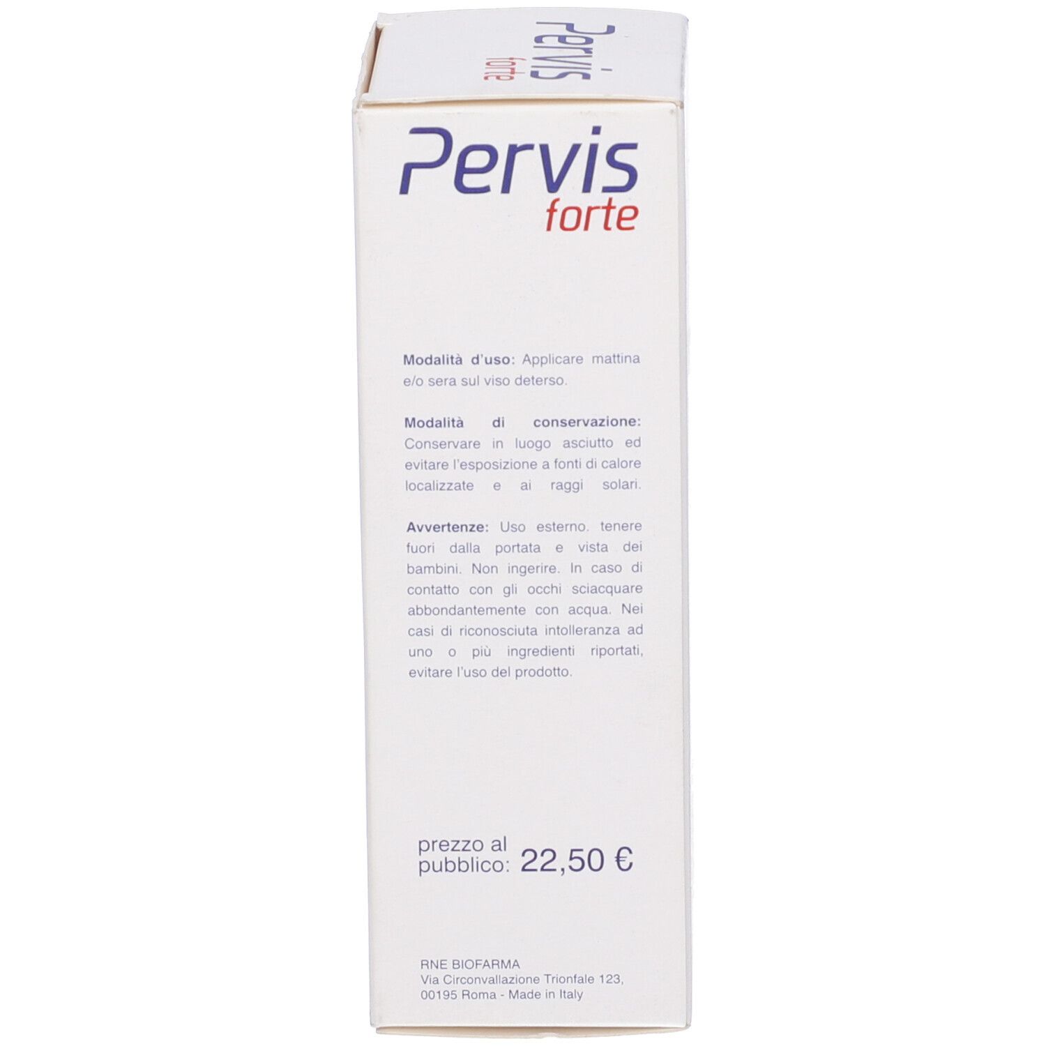 Retro della scatola bianca. Testo in italiano. Istruzioni per l'uso, avvertenze e prezzo. Indirizzo del produttore.