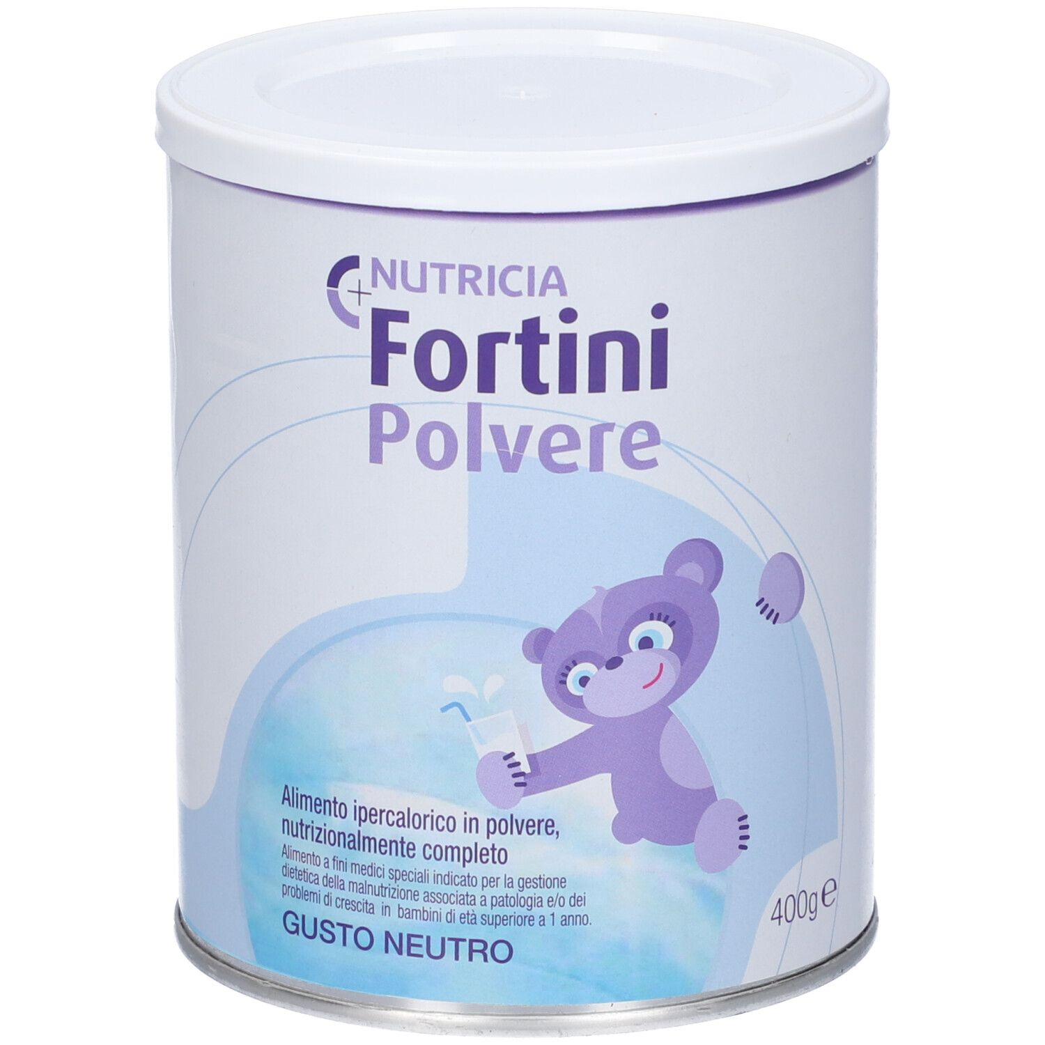 Lattina di Nutricia Fortini Polvere Gusto Neutro. Illustrazione orsetto e informazioni sul prodotto.