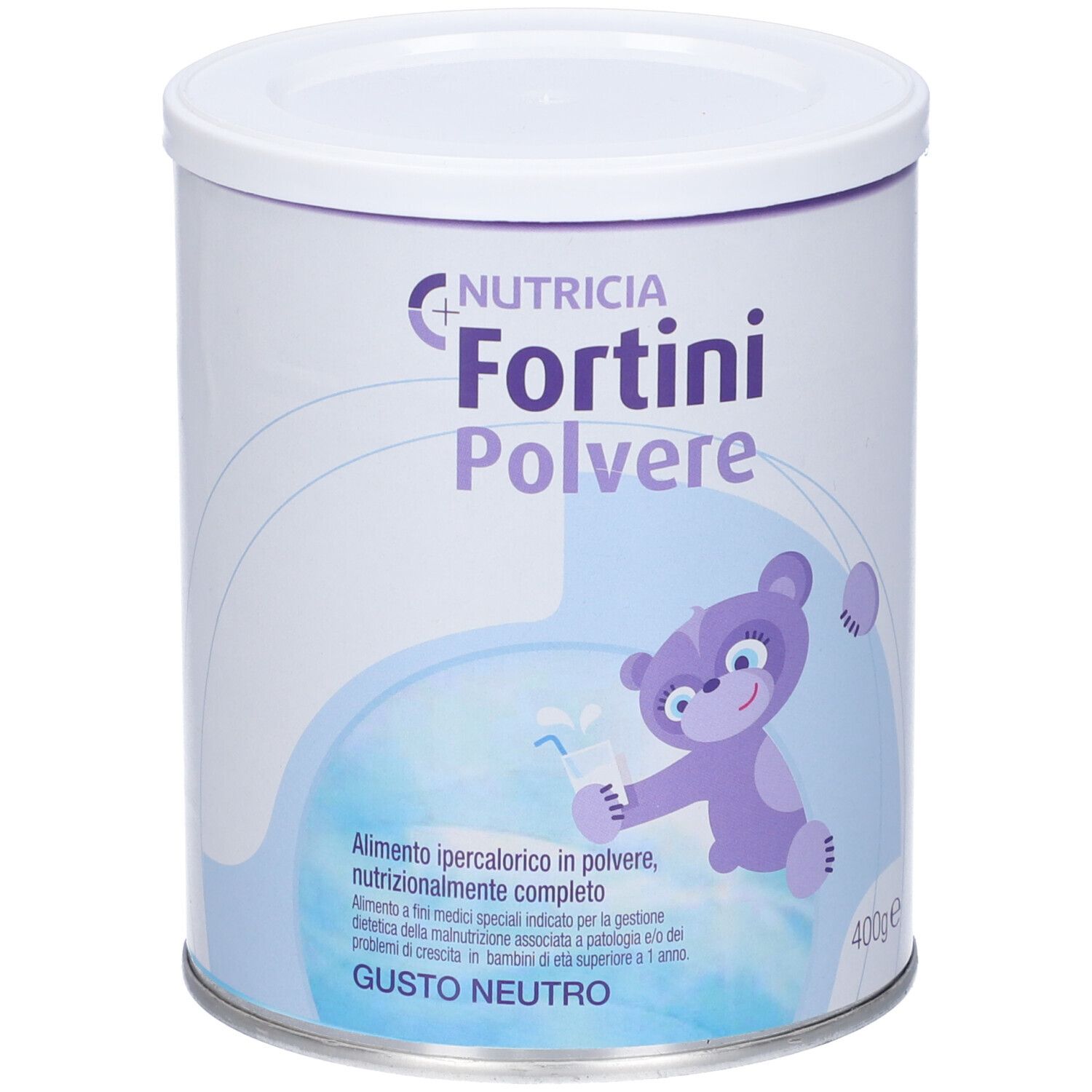 Lattina Nutricia Fortini Polvere Gusto Neutro. Vista frontale con orsetto e informazioni.