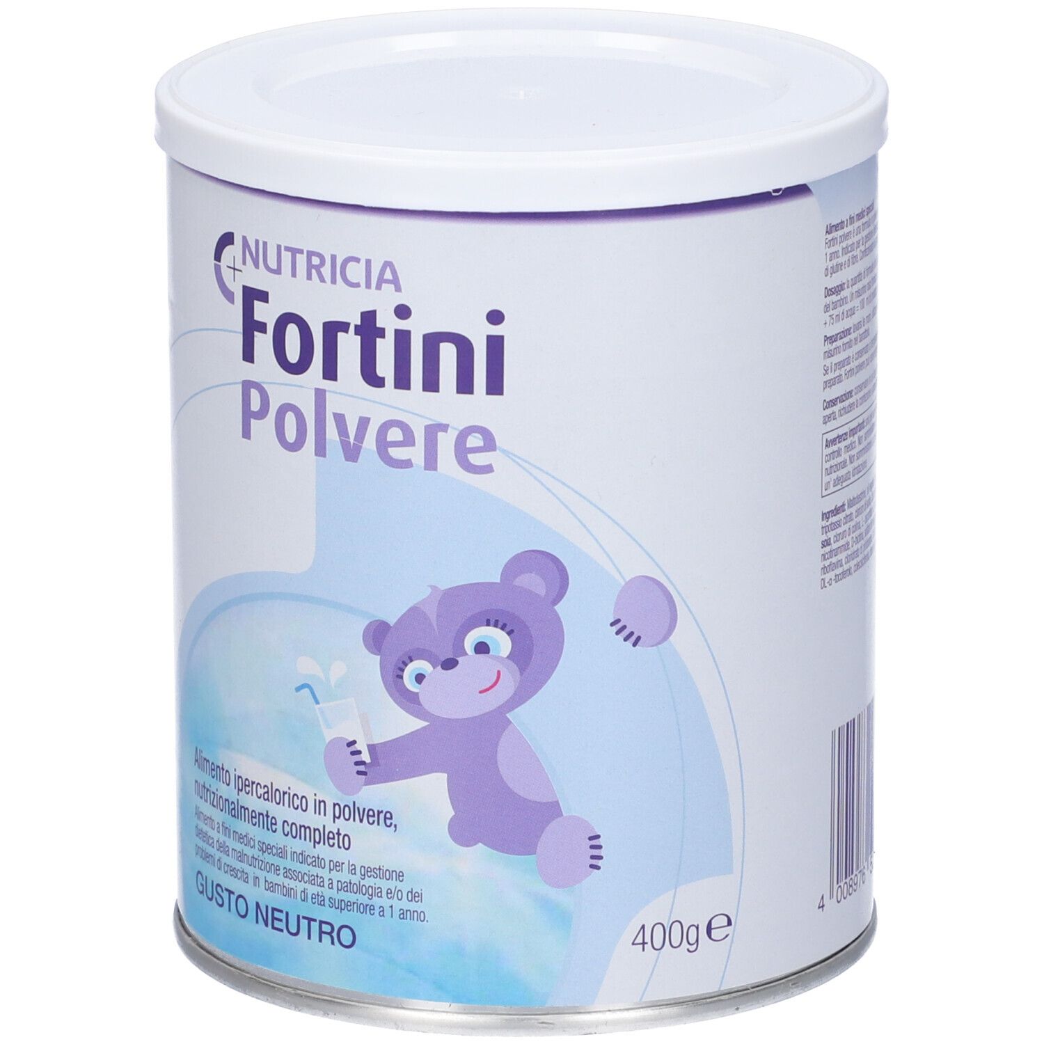 Lattina Nutricia Fortini Polvere Gusto Neutro. Vista frontale con orsetto e informazioni.