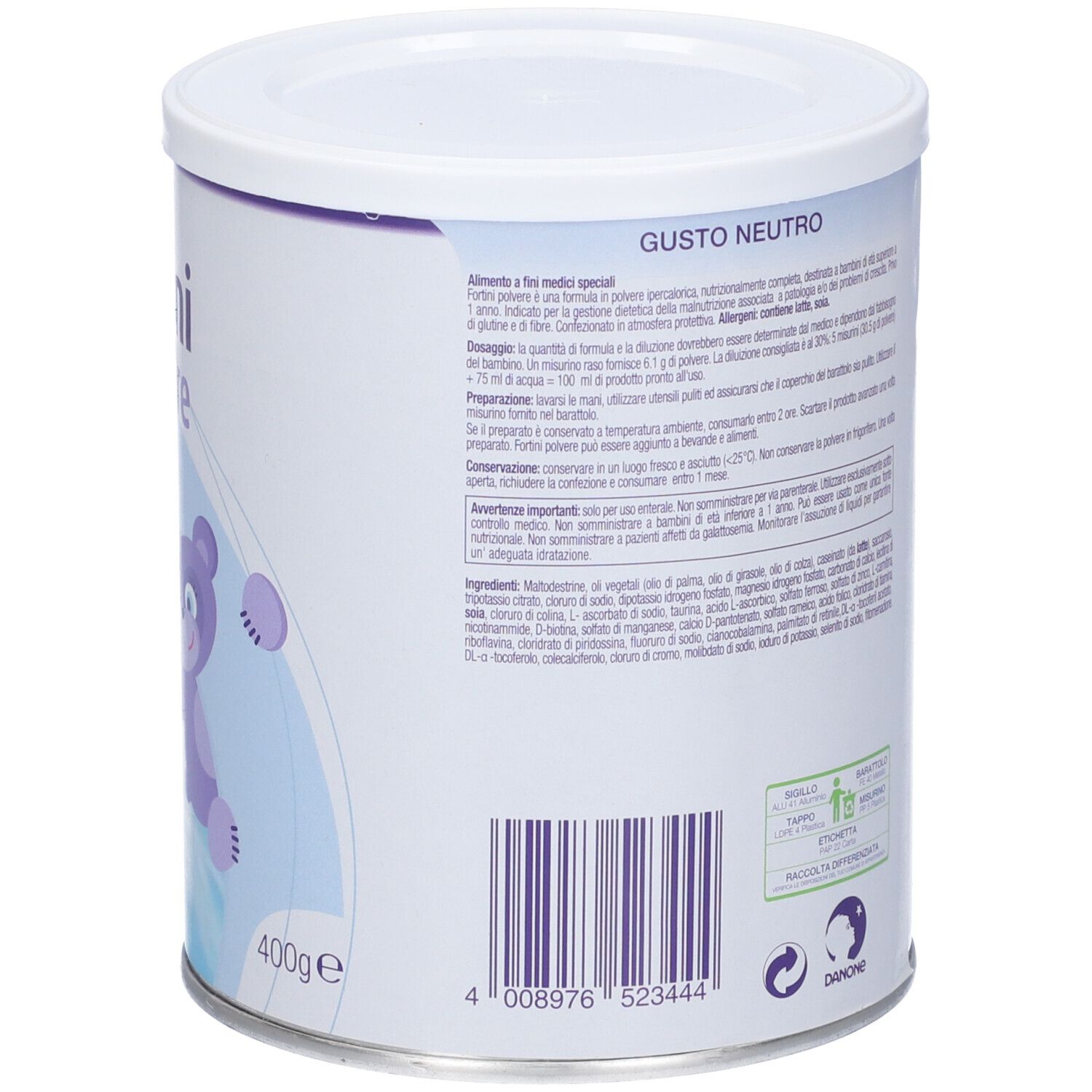 Retro della lattina Nutricia Fortini Polvere. Dettaglio ingredienti e informazioni produttore.