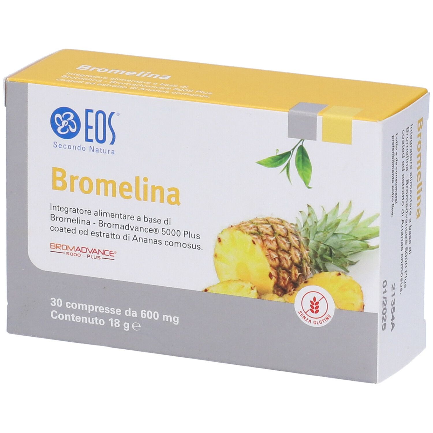 Confezione di EOS® Bromelina. Scritta: Bromelina, illustrazione di ananas, 30 compresse, senza glutine.