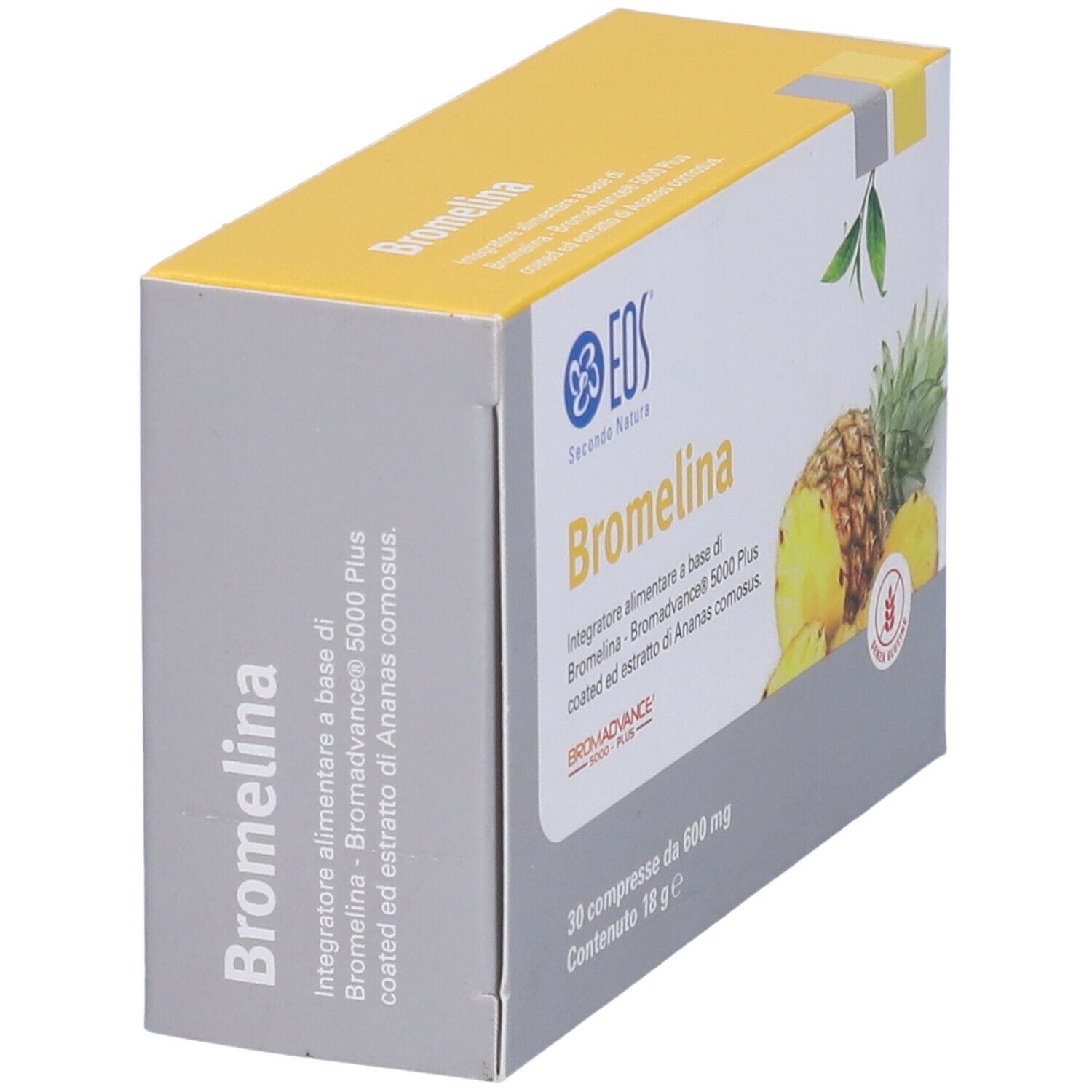 Confezione di EOS® Bromelina in prospettiva. Scritta: Bromelina, illustrazione di ananas.
