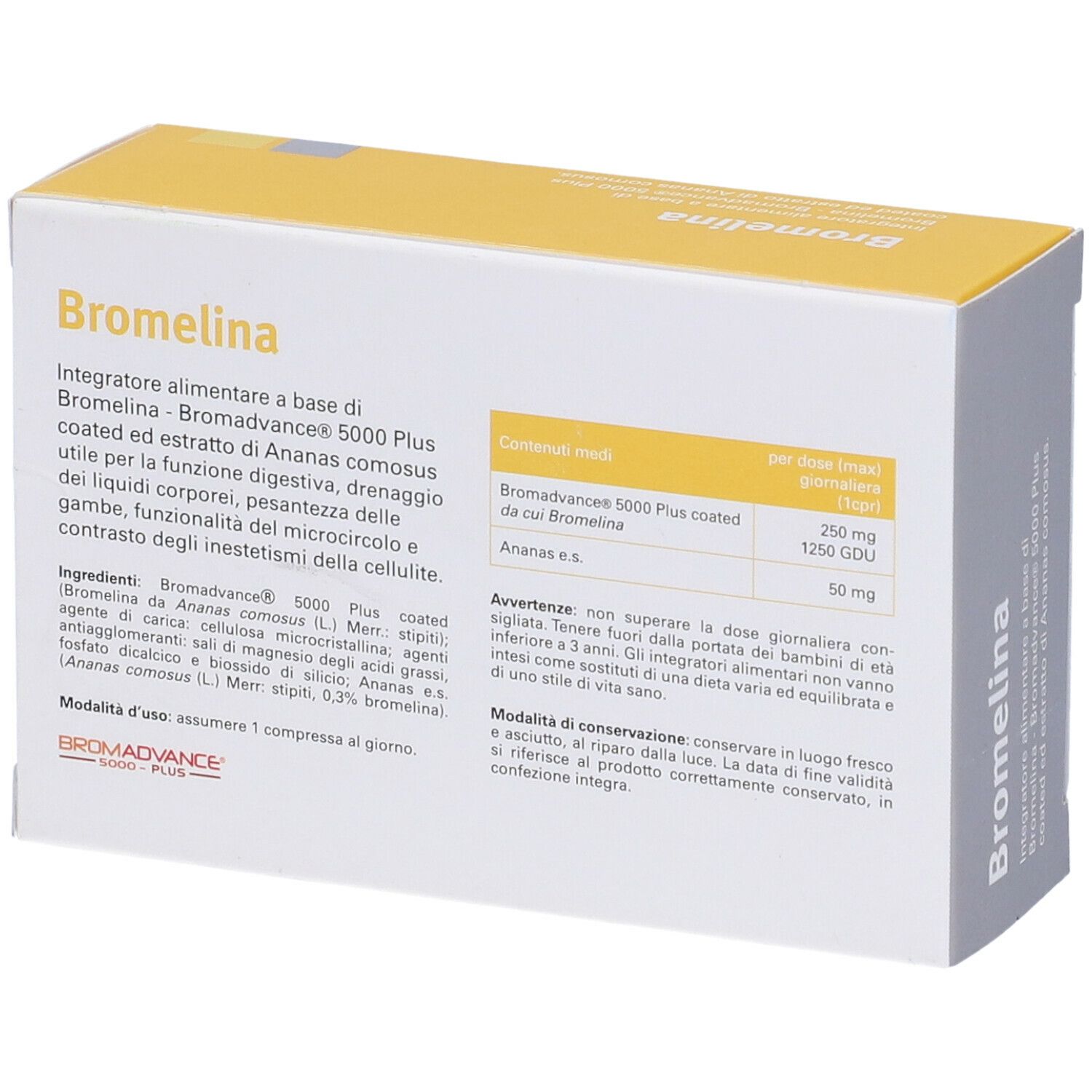 Retro della confezione di EOS® Bromelina. Testo: ingredienti, dosaggio, avvertenze.