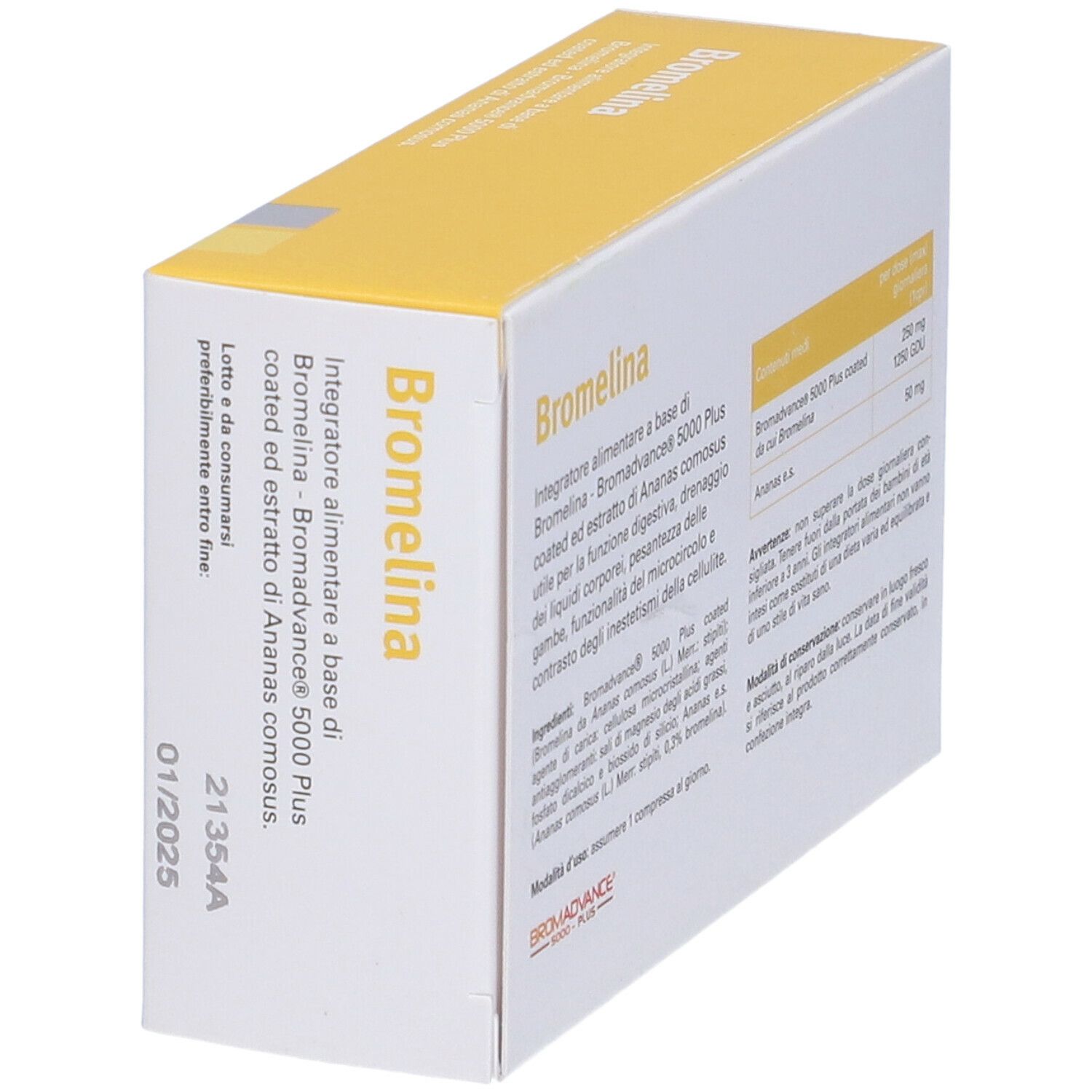 Vista laterale della confezione di EOS® Bromelina. Testo: ingredienti, dosaggio, durata.