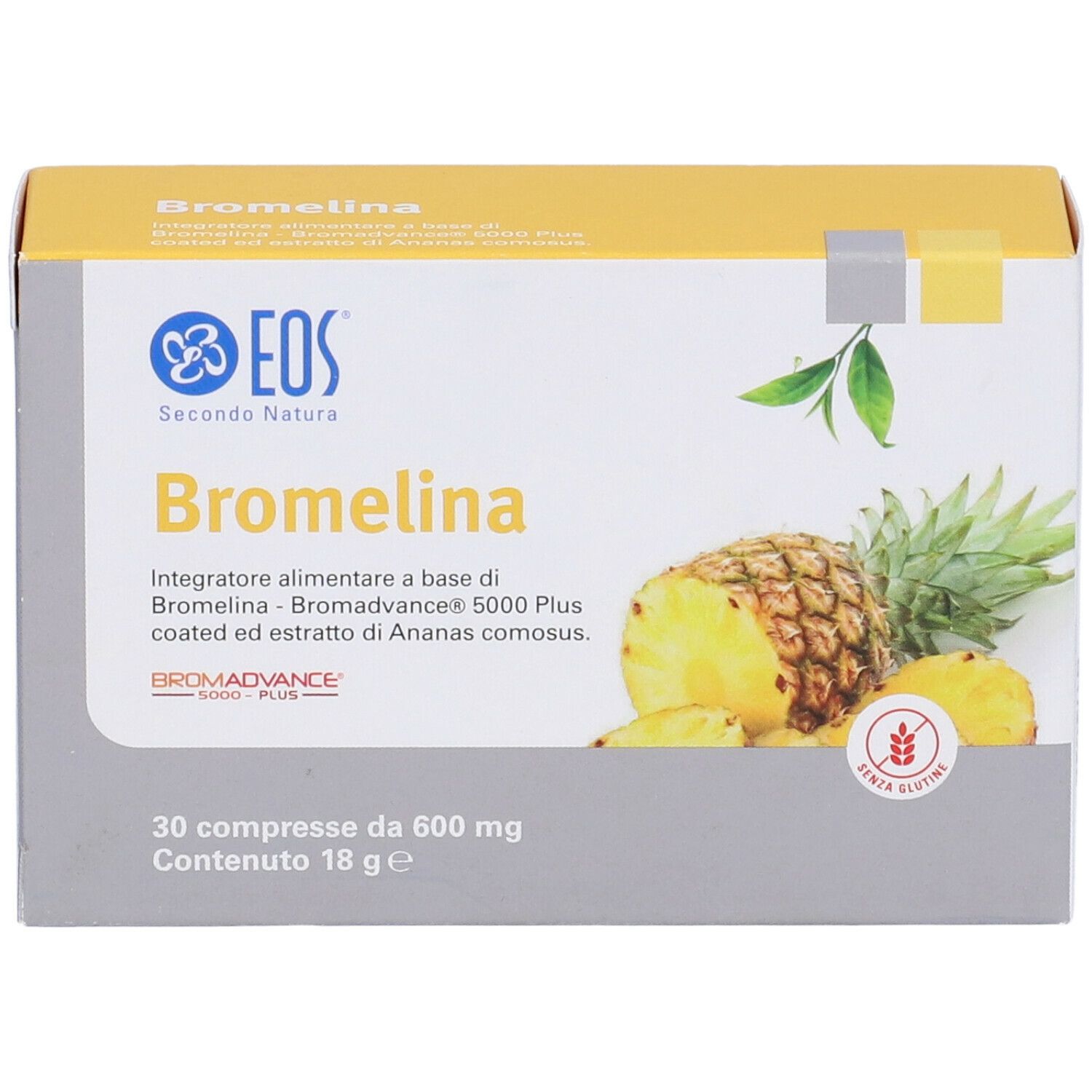 Confezione di EOS® Bromelina. Scritta: Bromelina, illustrazione di ananas, 30 compresse, senza glutine.