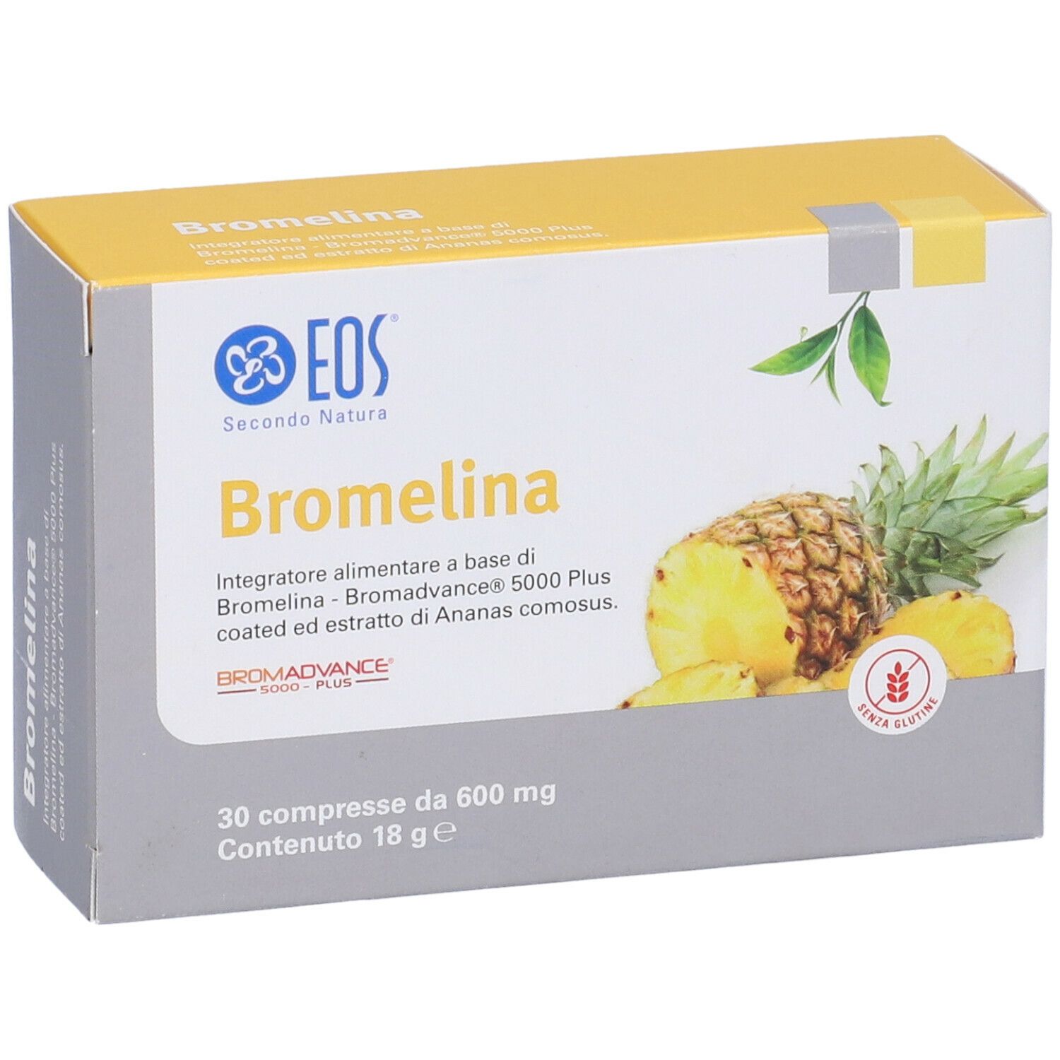 Confezione di EOS® Bromelina. Scritta: Bromelina, illustrazione di ananas, 30 compresse, senza glutine.