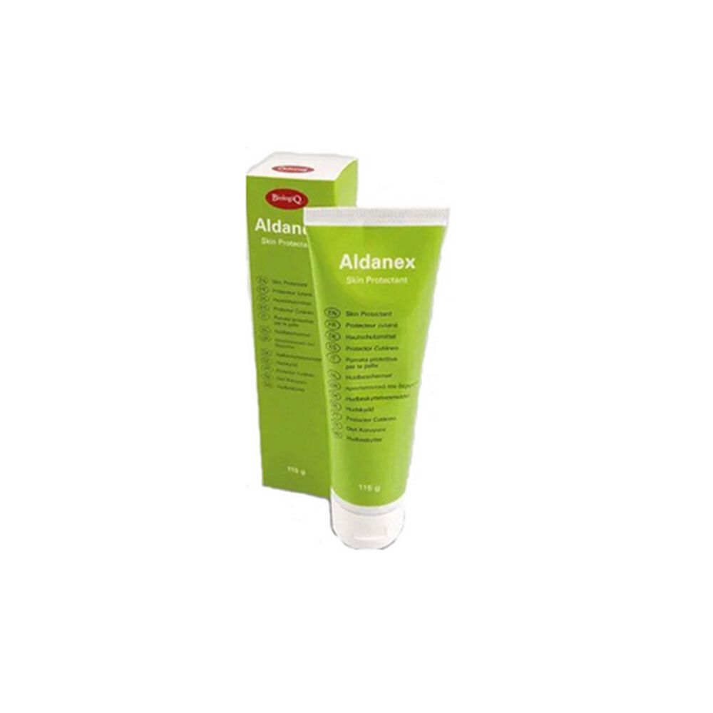 Tubo e scatola verdi con nome prodotto Aldanex. Scritta Skin Protectant. 85g.