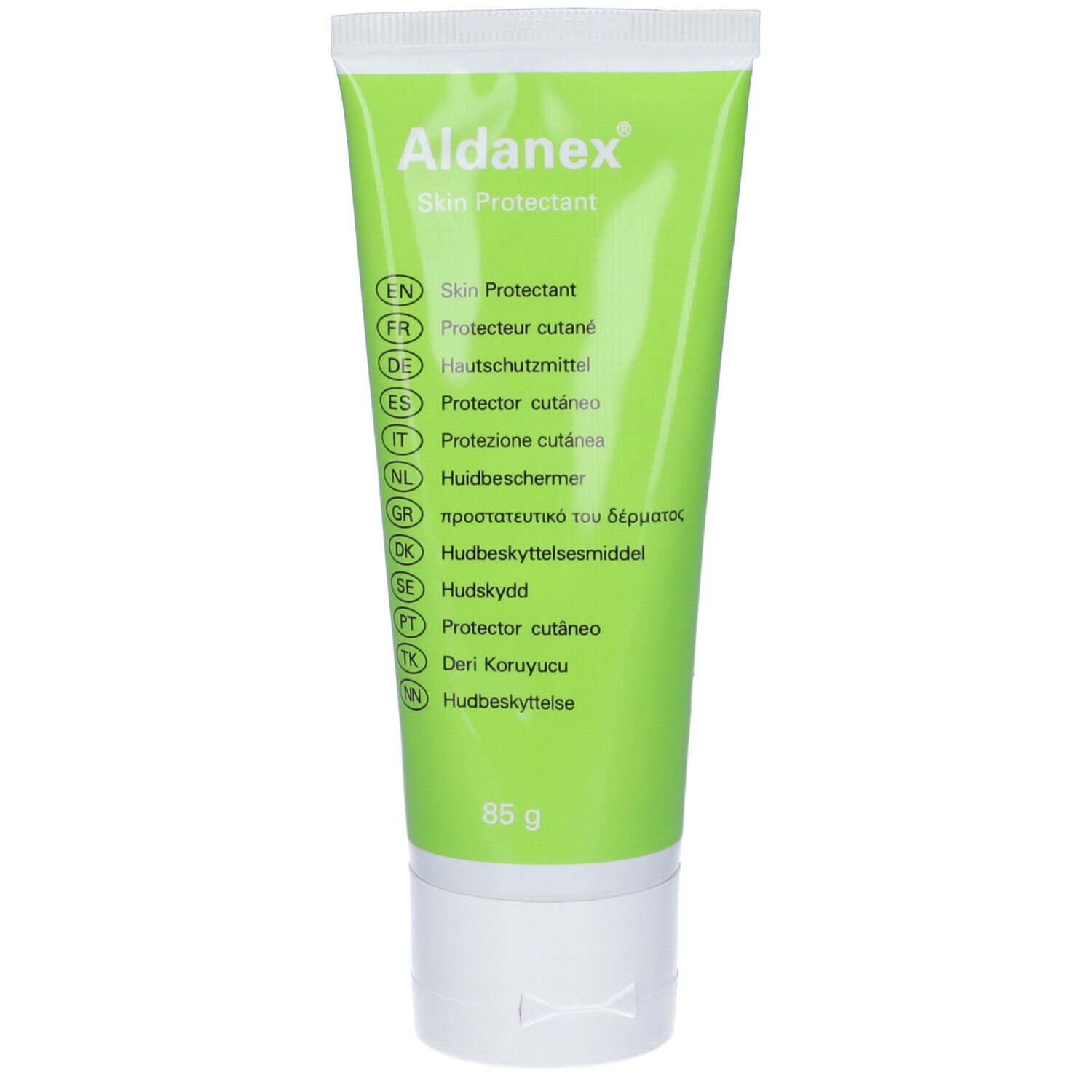 Tubo verde con nome prodotto Aldanex Skin Protectant. Elenco multilingue. 85 g.