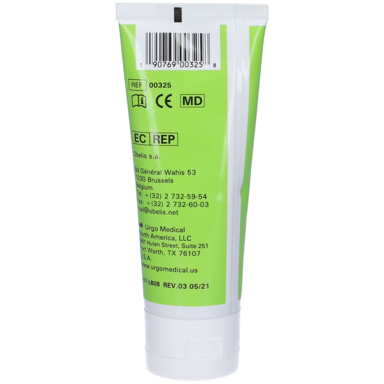 Retro del tubo verde. Codice a barre, marchio CE, indirizzo del produttore e dell'importatore.