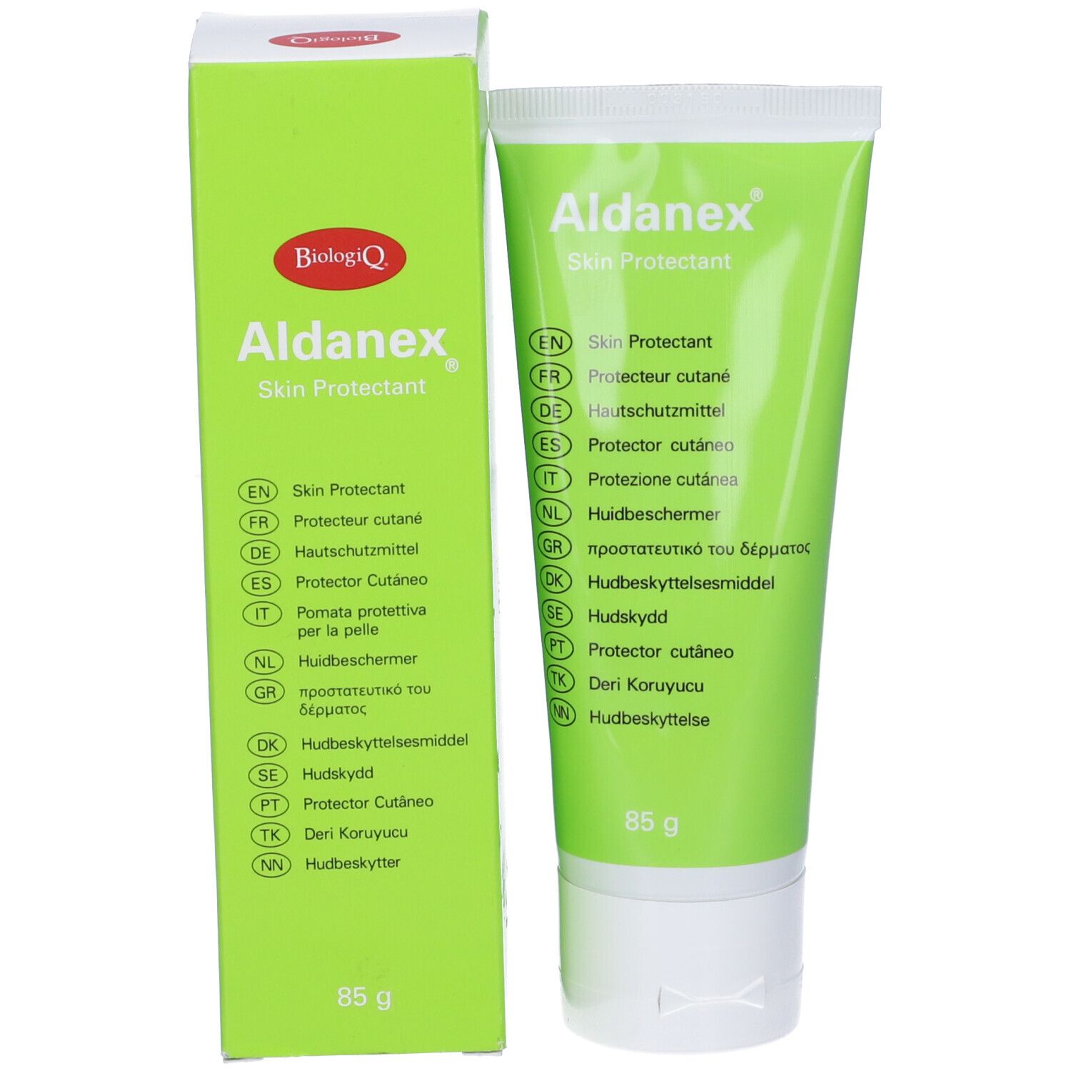 Scatola e tubo verdi con nome prodotto Aldanex Skin Protectant. 85 g. Logo BiologiQ.