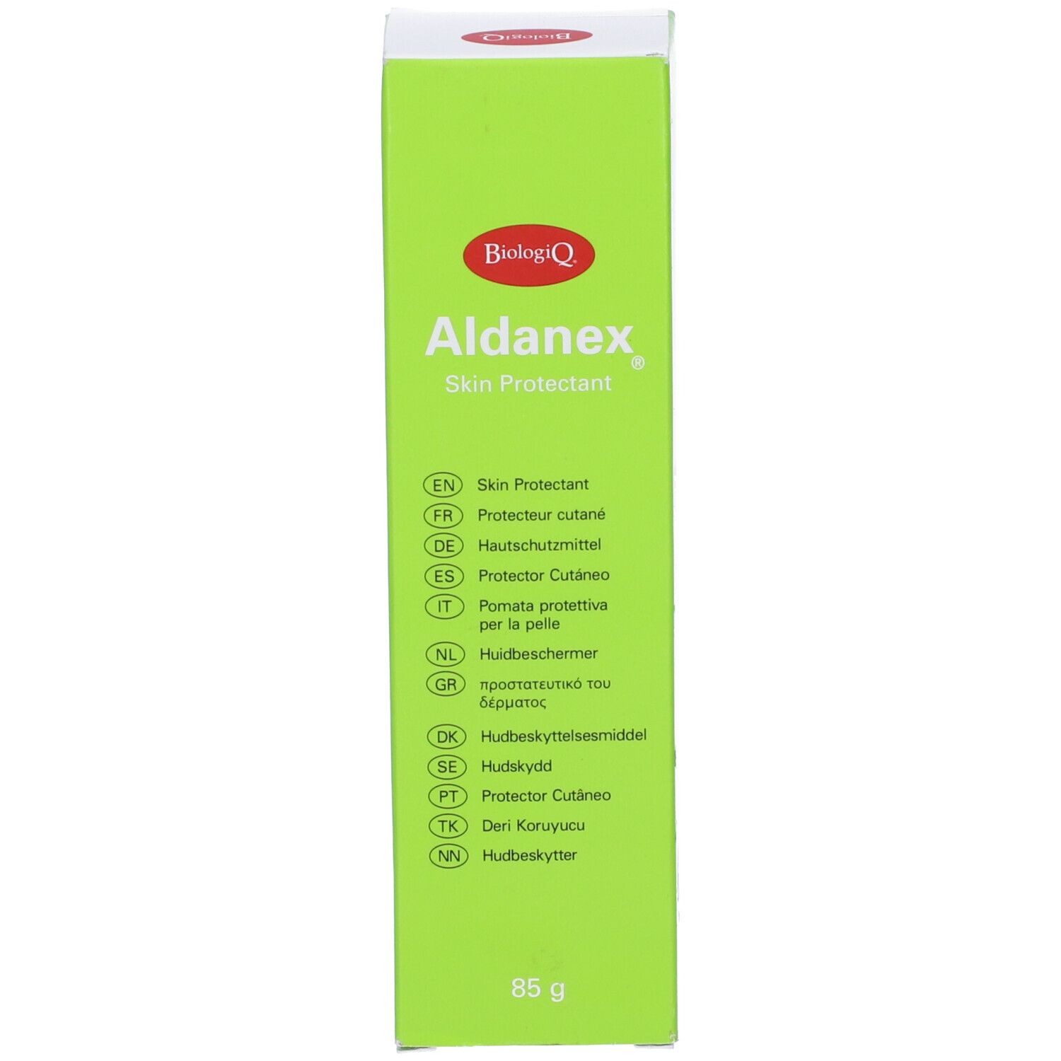 Scatola verde con nome prodotto Aldanex Skin Protectant. 85 g. Logo BiologiQ.