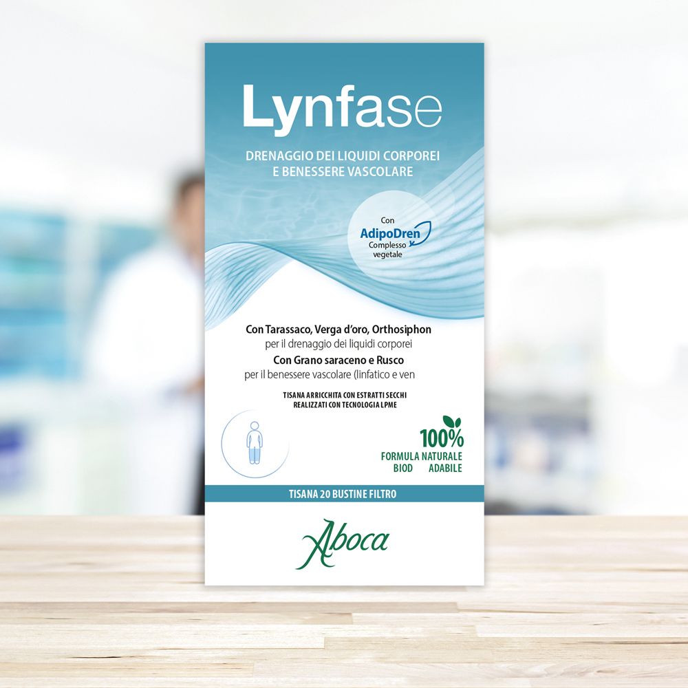 Produktverpackung Lynfase. Text: Drenaggio dei liquidi corporei e benessere vascolare. Aboca-Logo.