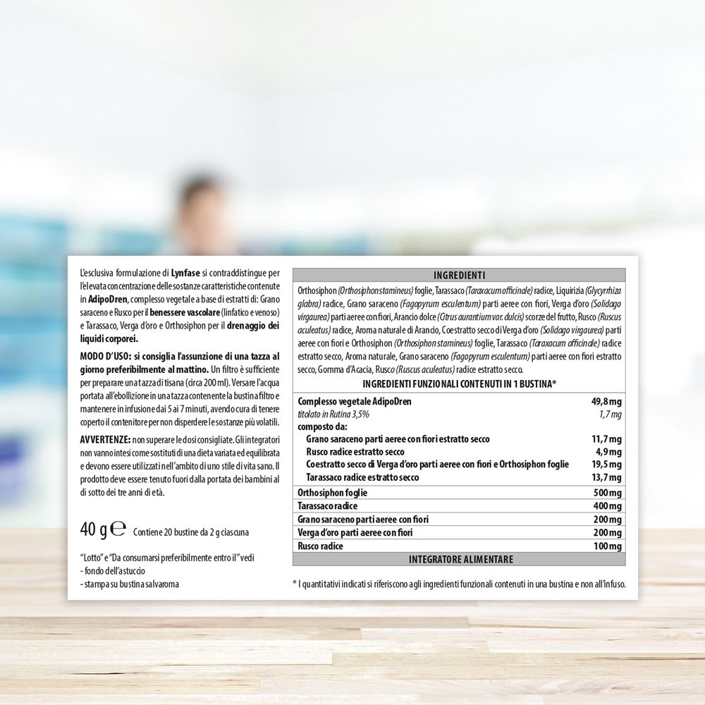 Rückseite der Lynfase-Verpackung. Text über Inhaltsstoffe und Anwendung. 40g. Aboca-Logo.