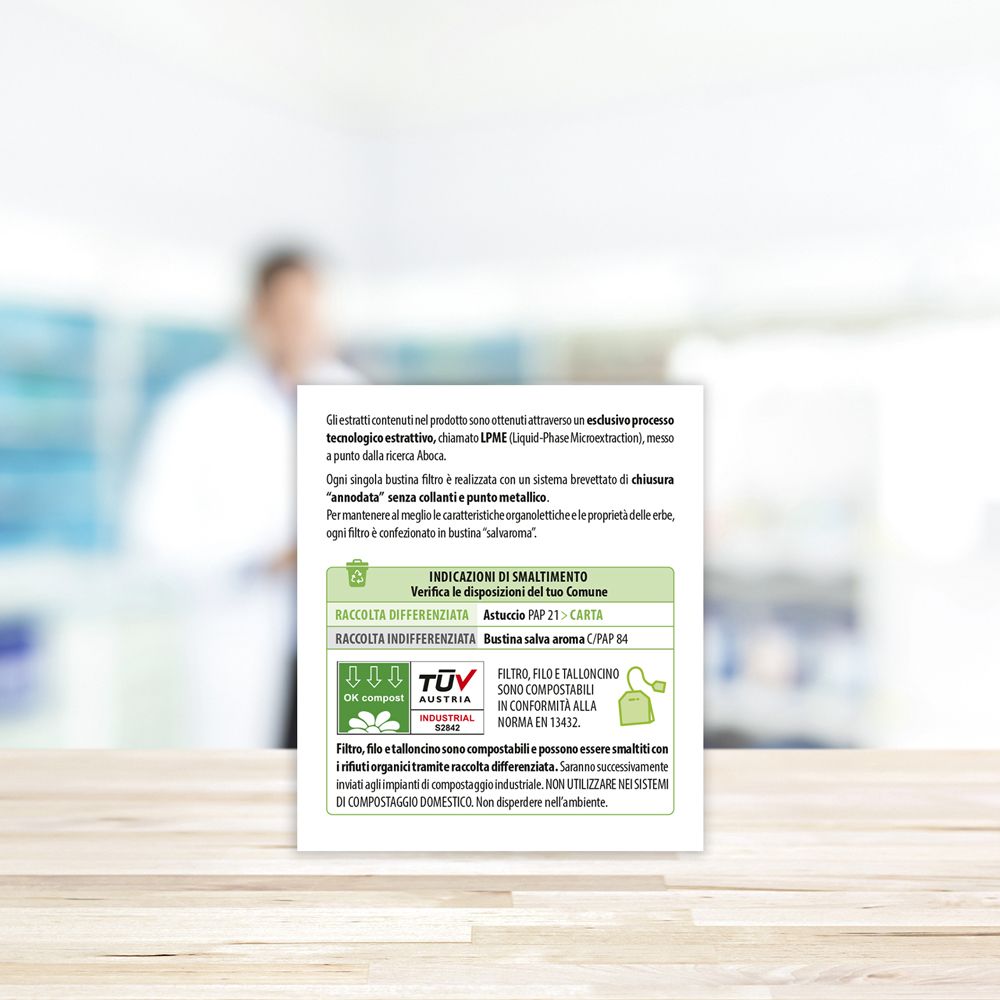 Rückseite der Lynfase-Verpackung. Informationen zur Entsorgung und Zertifizierungen. Aboca-Logo.