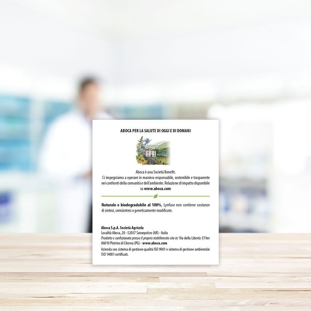 Rückseite der Lynfase-Verpackung. Text über Aboca und Nachhaltigkeit. Aboca-Logo.
