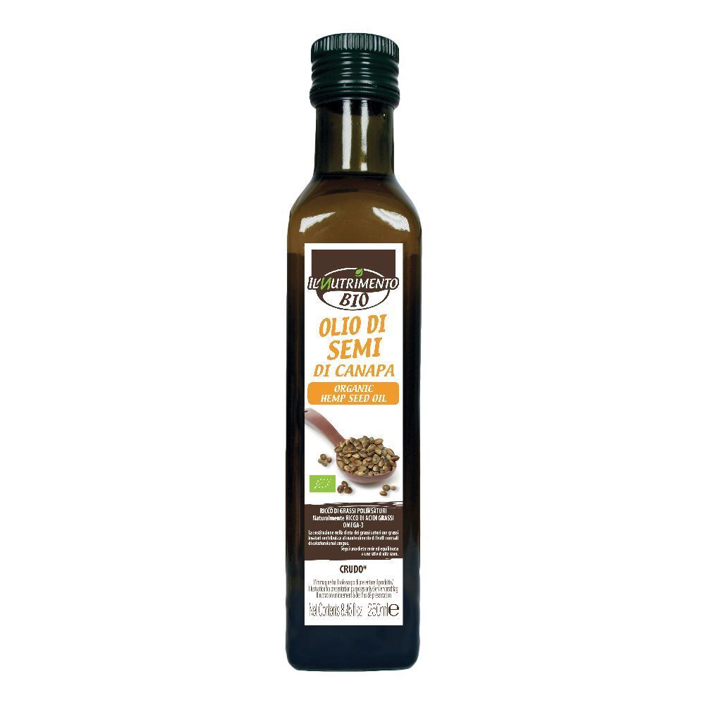 Bottiglia di vetro marrone con tappo verde. Etichetta con testo: Olio di Semi di Canapa, Bio. Contiene olio di semi di canapa. 250ml.