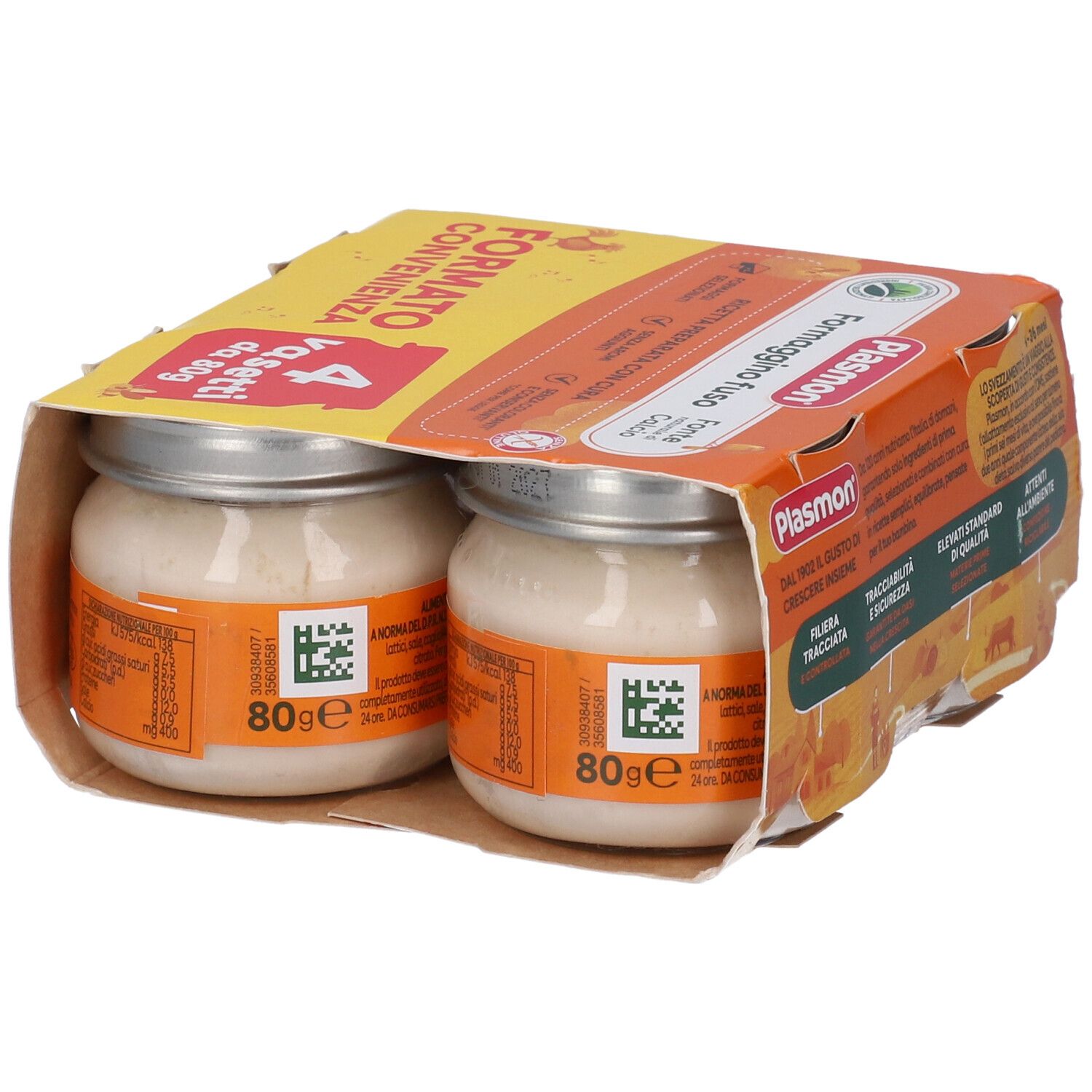 Due vasetti di formaggio fresco Plasmon, 80g ciascuno, in confezione.