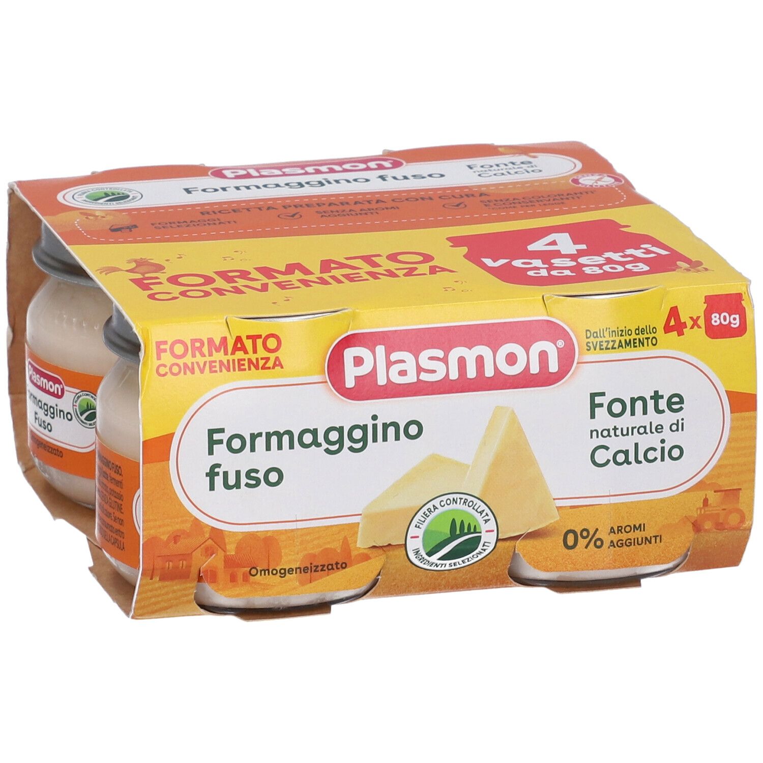 Plasmon Formaggino fuso: 4 vasetti da 80g, fonte naturale di calcio, 0% aromi aggiunti.