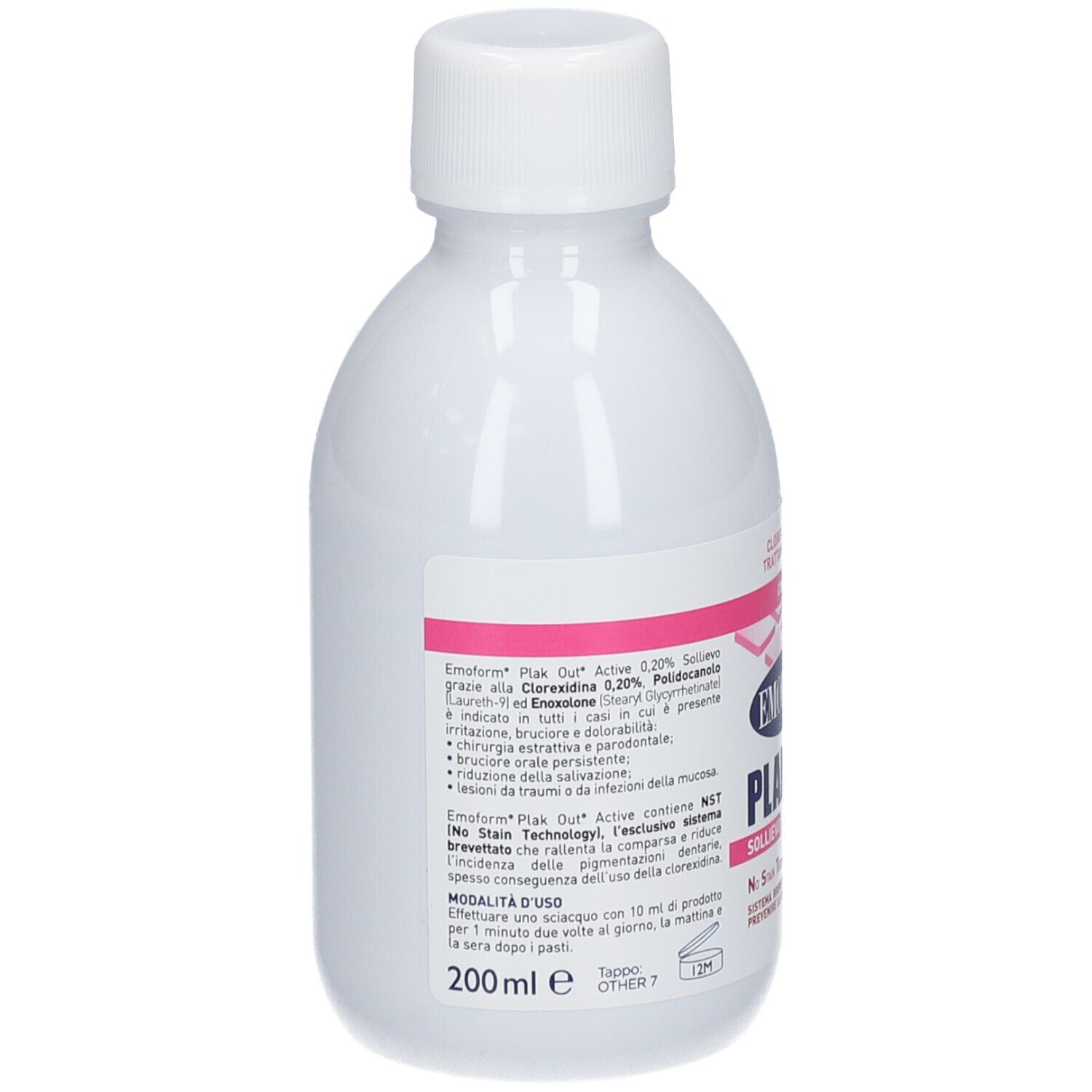 Rückseite einer weißen Flasche mit rosa Etikett. Text: EMOFORM, PLAKOUT ACTIVE, 200 ml.