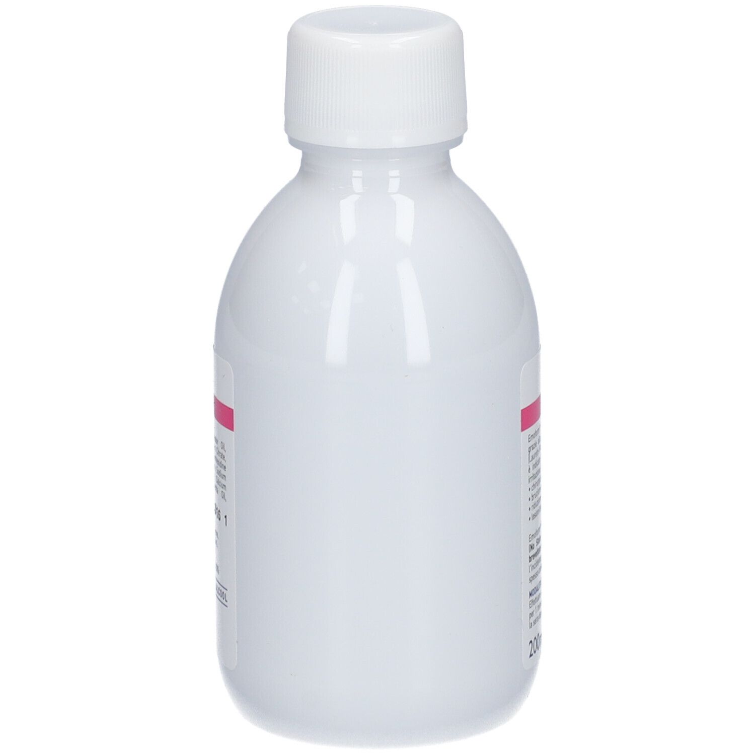 Weiße Flasche mit weißem Verschluss. Rosa Etikett teilweise sichtbar. Text nicht lesbar.