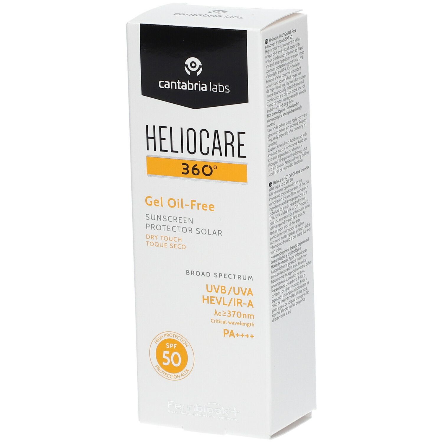 Confezione bianca con scritta: HELIOCARE 360° Gel Oil-Free, SPF 50. Logo e testo in arancione e nero. Vista obliqua.