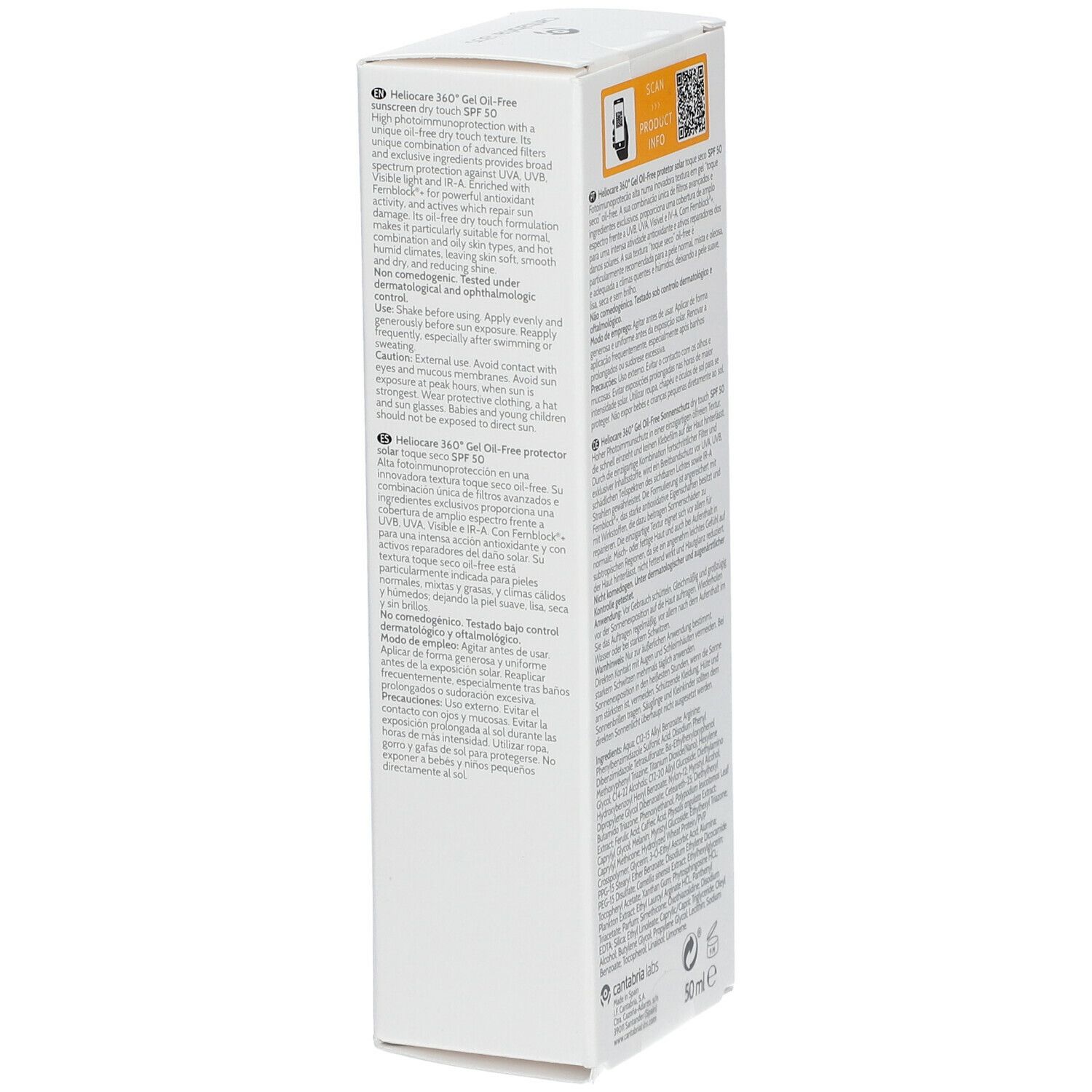 Confezione bianca con testo e logo. Scritta: HELIOCARE 360° Gel Oil-Free, SPF 50. Testo in più lingue. Vista obliqua.