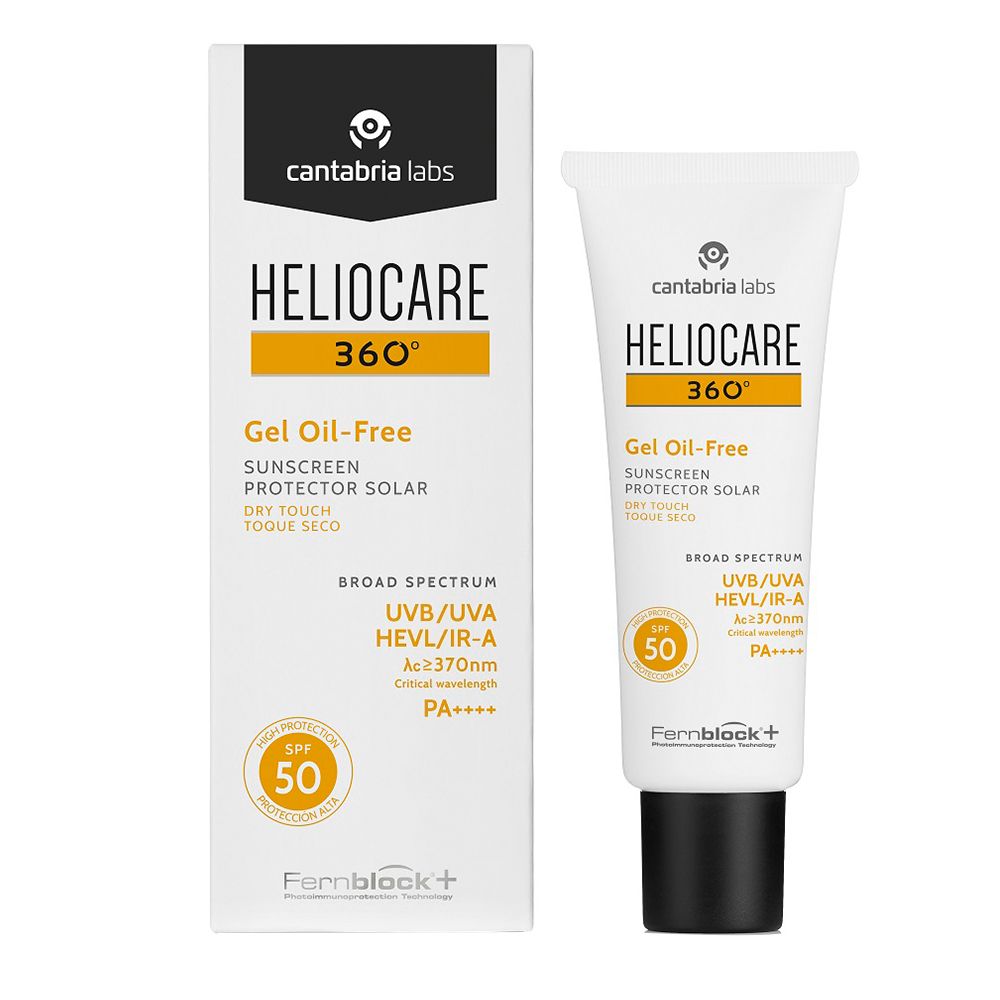 Confezione e tubo. Scritta: HELIOCARE 360° Gel Oil-Free, SPF 50. Logo e testo in arancione e nero. Confezione bianca.