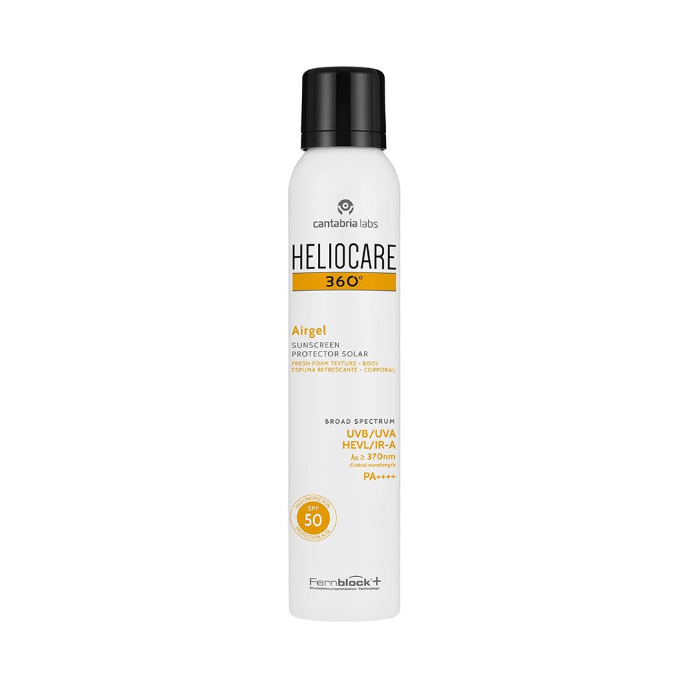 Spray bianco con tappo nero. Scritta HELIOCARE 360°, Airgel, SPF 50. Striscia gialla con informazioni sul prodotto.