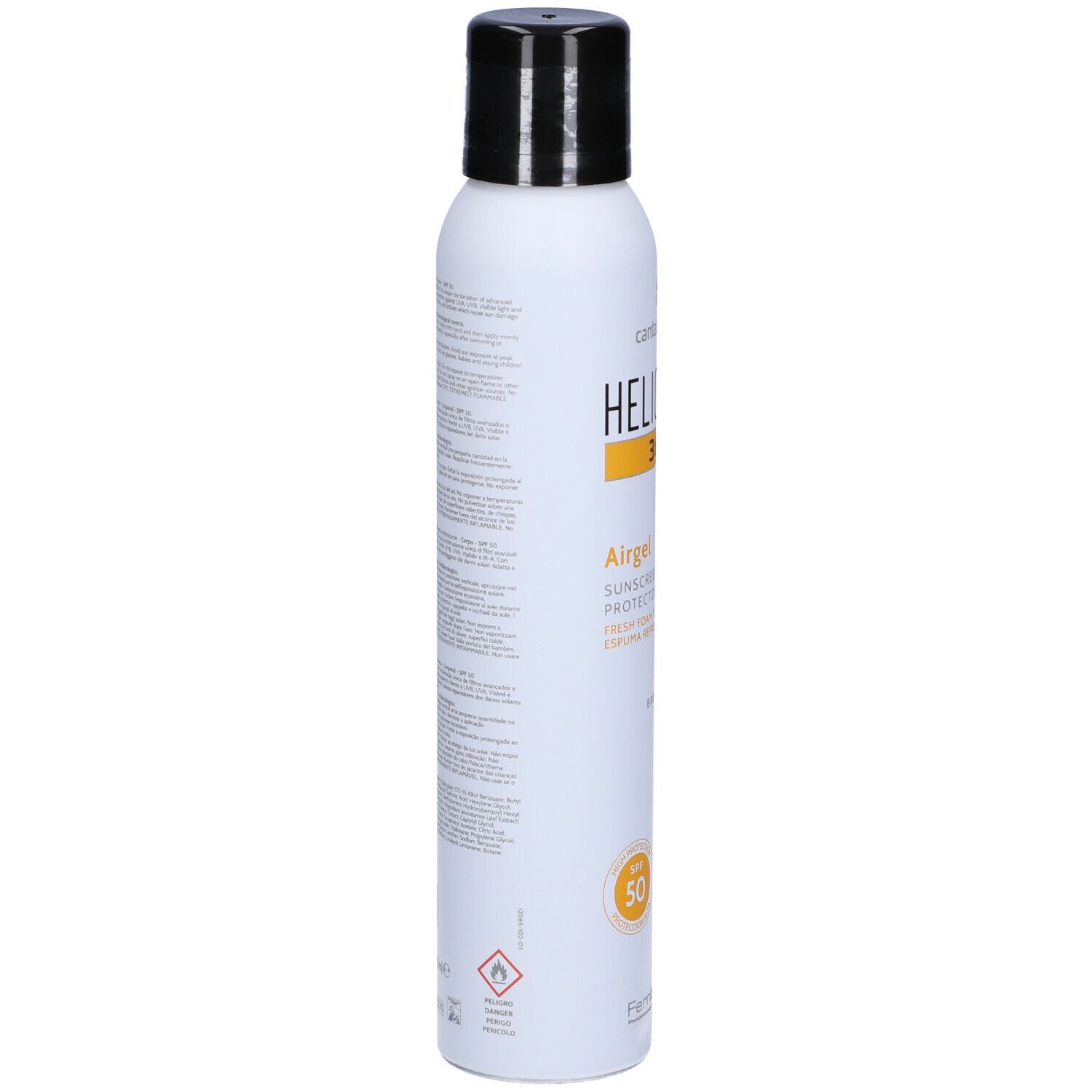 Spray bianco con tappo nero. Scritta HELIOCARE 360°, Airgel, SPF 50. Striscia gialla con informazioni sul prodotto.