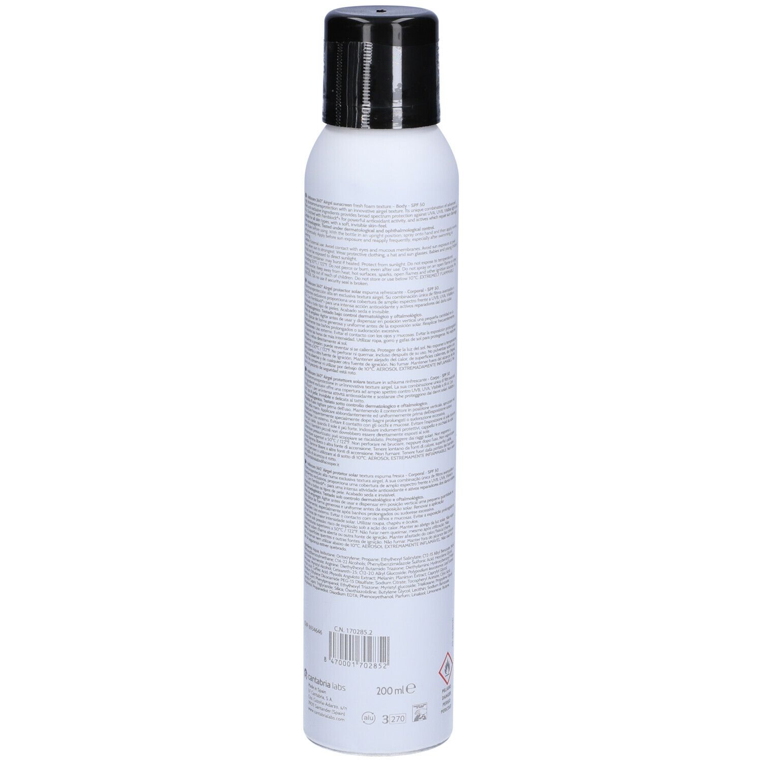 Spray bianco con tappo nero. Retro con testo. Scritta HELIOCARE 360°, Airgel, SPF 50. Striscia gialla.