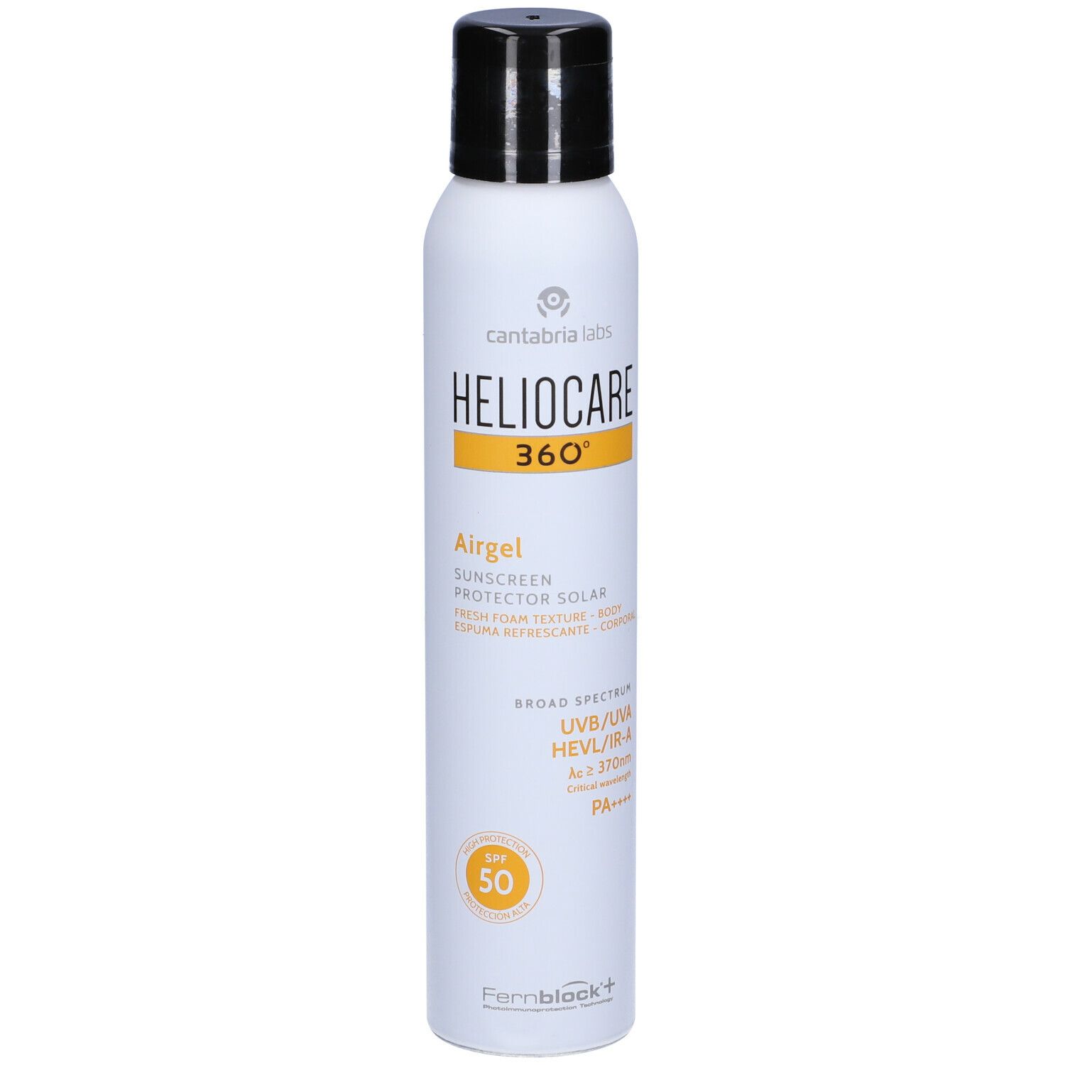 Spray bianco con tappo nero. Scritta HELIOCARE 360°, Airgel, SPF 50. Striscia gialla con informazioni sul prodotto.