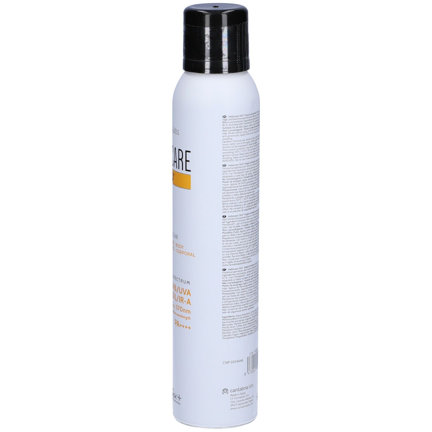Spray bianco con tappo nero. Scritta HELIOCARE 360°, Airgel, SPF 50. Striscia gialla con informazioni sul prodotto.