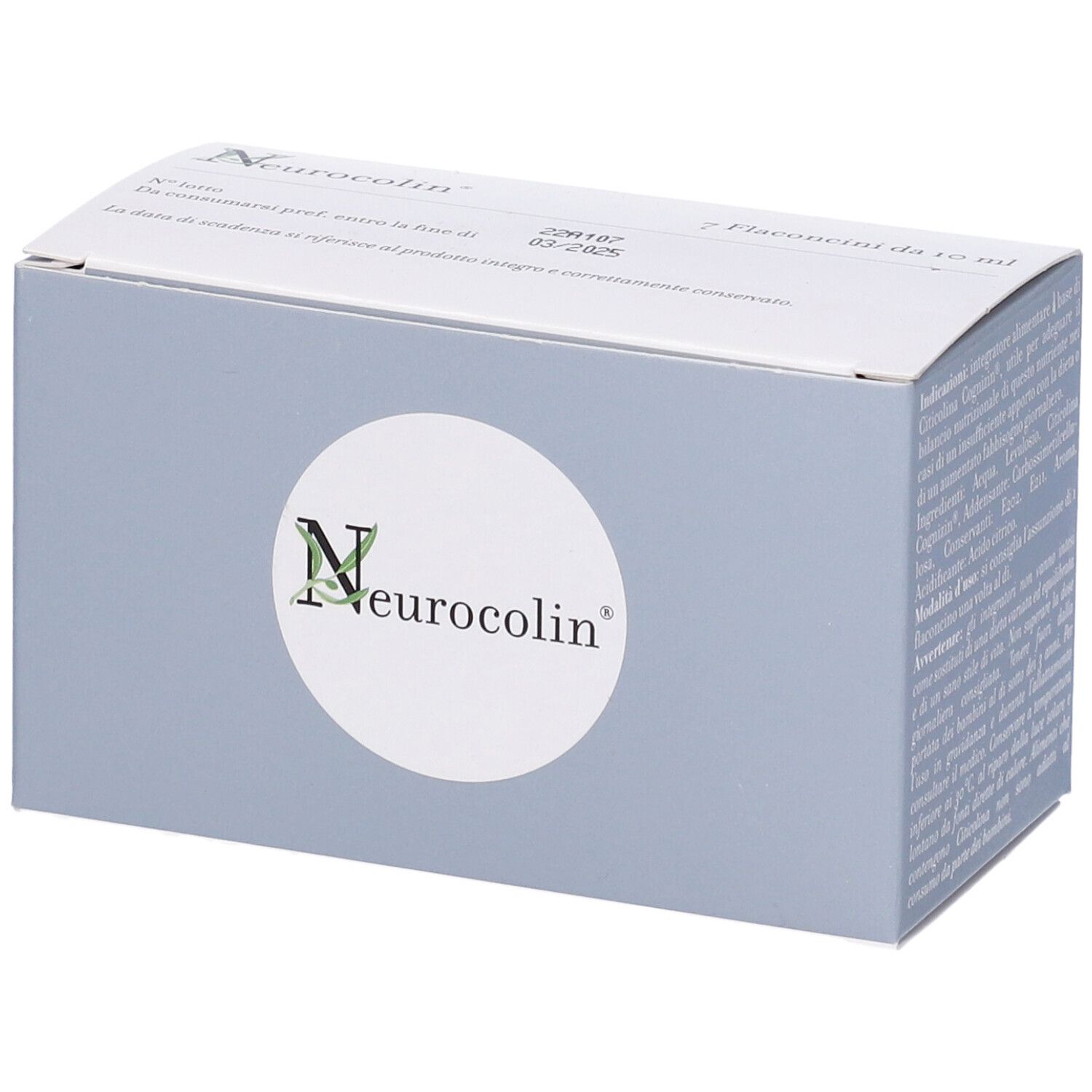 Confezione Neurocolin. Scatola grigia con cerchio bianco e logo. Testo sulla confezione.