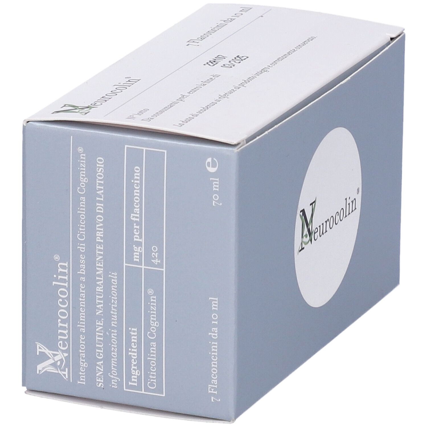 Confezione Neurocolin. Scatola grigia con cerchio bianco e logo. Testo e ingredienti.