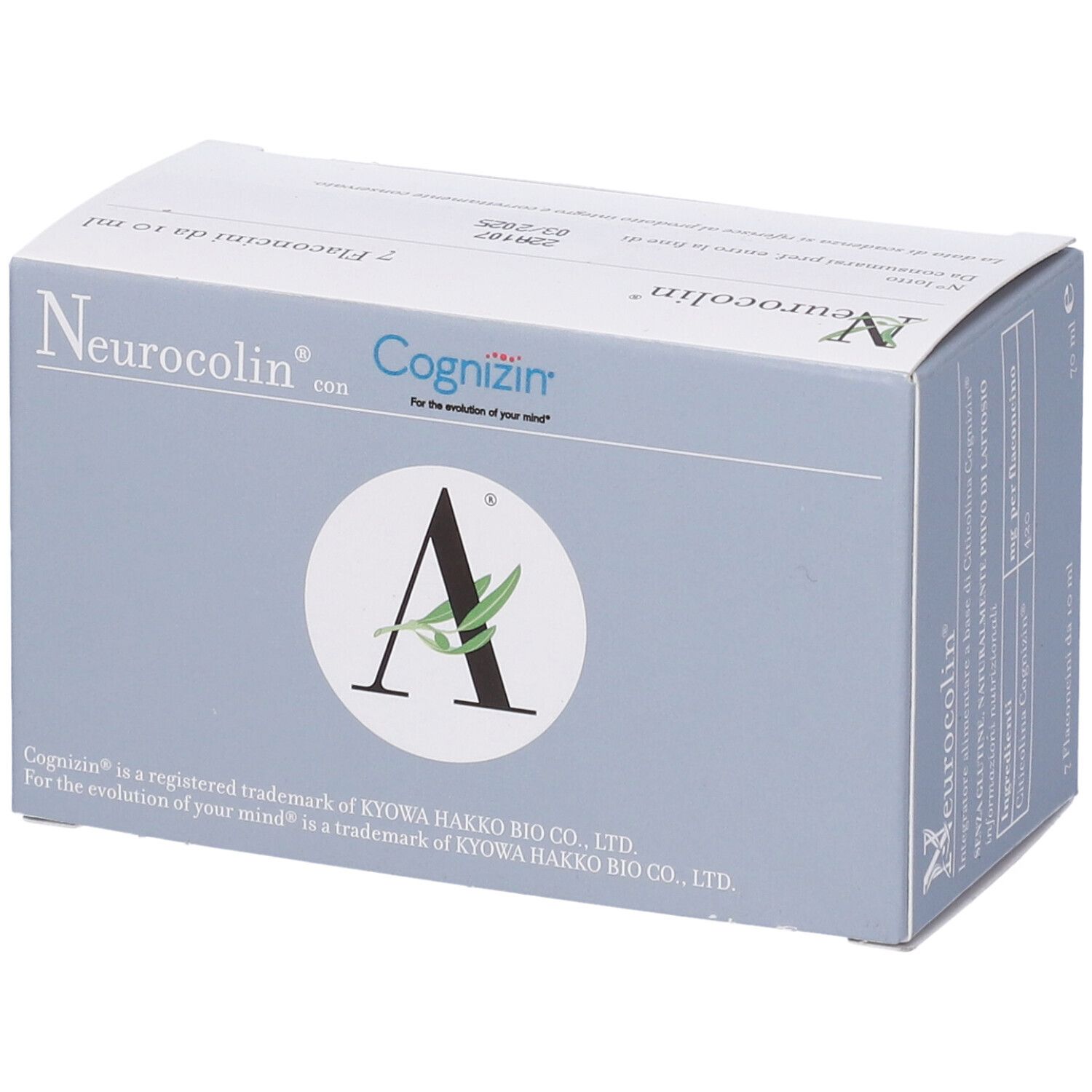 Confezione Neurocolin con logo Cognizin. Scatola grigia con cerchio bianco e logo. Testo.