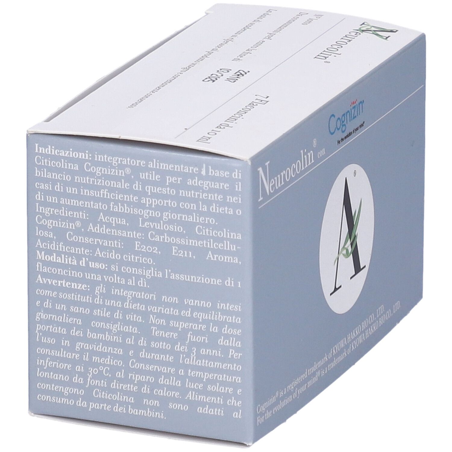 Confezione Neurocolin con logo Cognizin. Scatola grigia con testo e ingredienti.