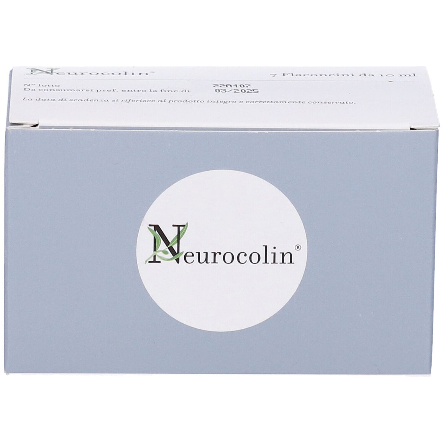 Confezione Neurocolin. Scatola grigia con cerchio bianco e logo. Testo.