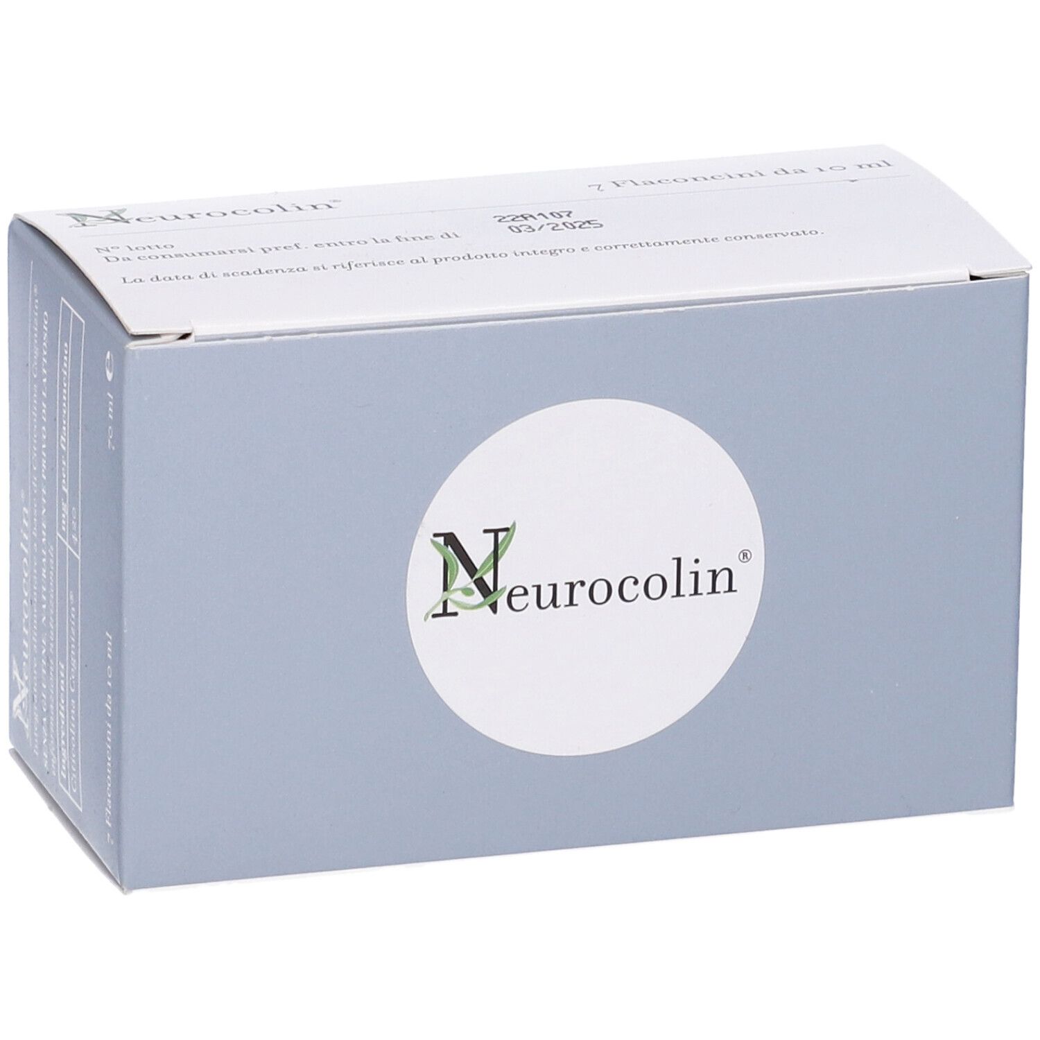Confezione Neurocolin. Scatola grigia con cerchio bianco e logo. Testo.