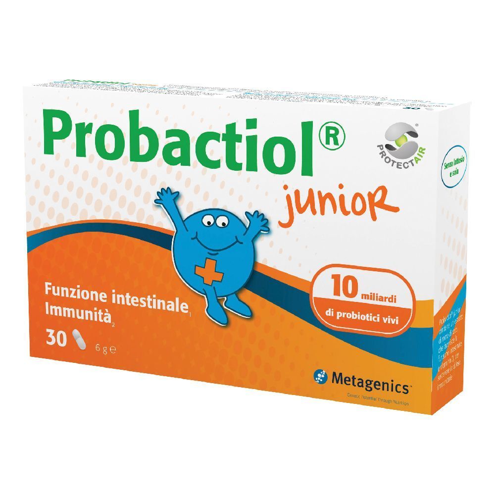 Confezione di Probactiol Junior. Contiene 30 compresse. Sfondo arancione con nome e logo del prodotto.