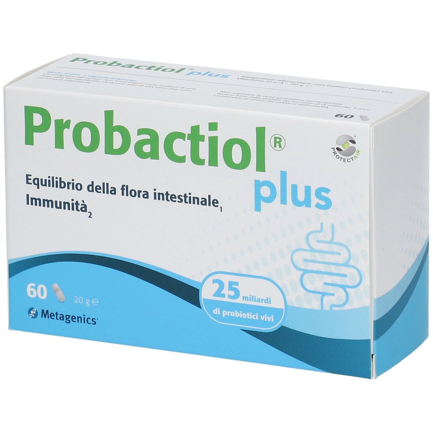 Scatola bianca "Probactiol plus". Contiene 60 capsule. Design blu e bianco. Testo: Equilibrio della flora intestinale, Immunità.